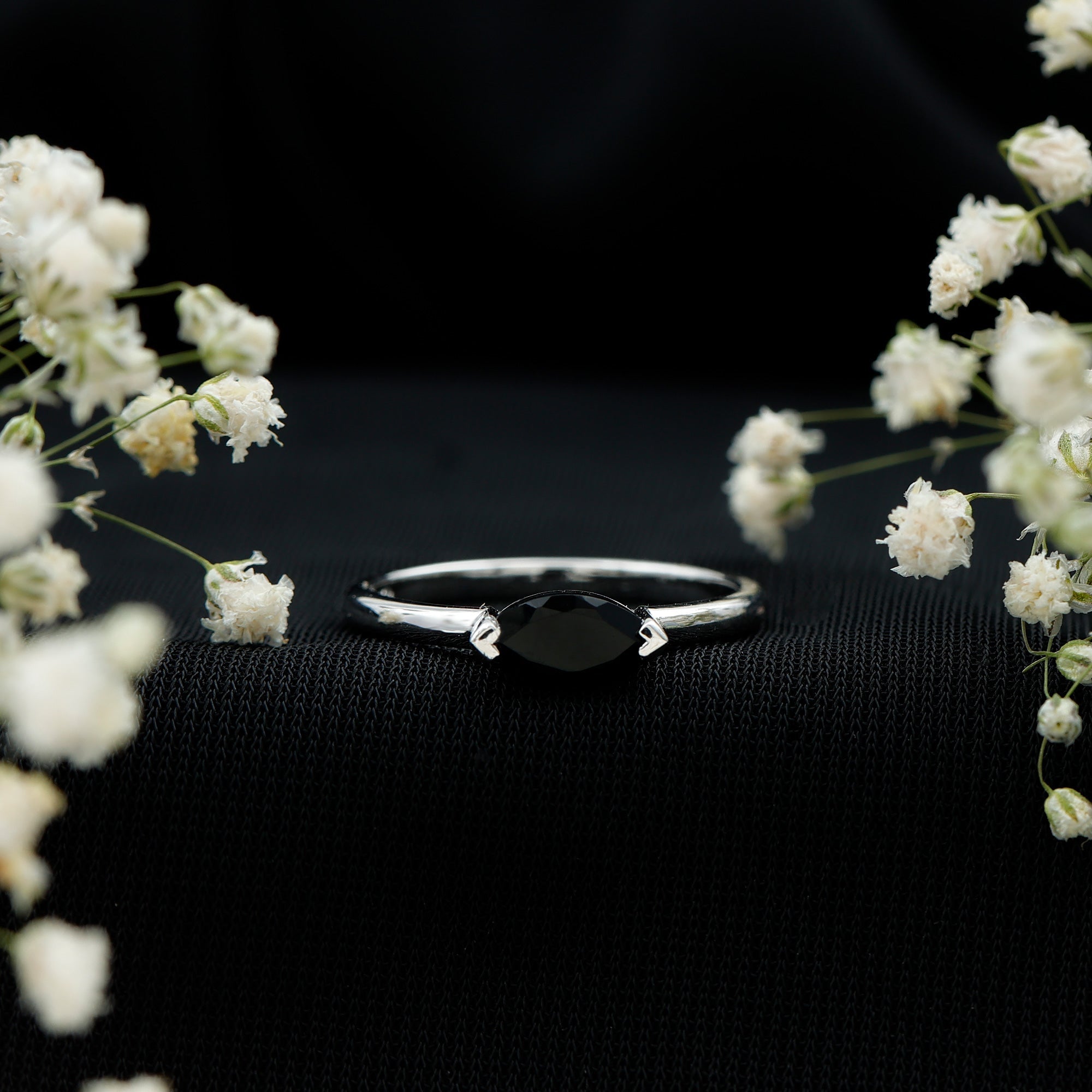 Marquise Cut Solitaire Black Onyx East West Promise Ring