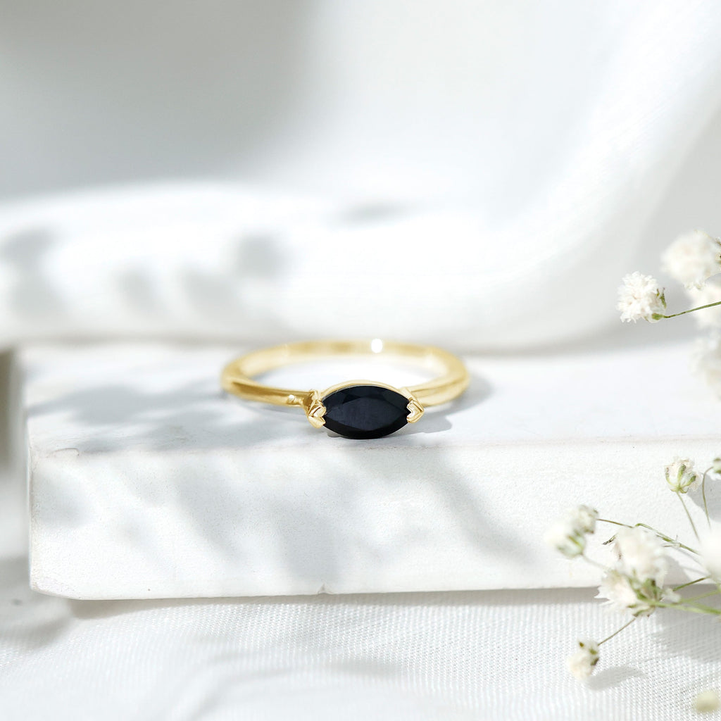 Marquise Cut Solitaire Black Onyx East West Promise Ring