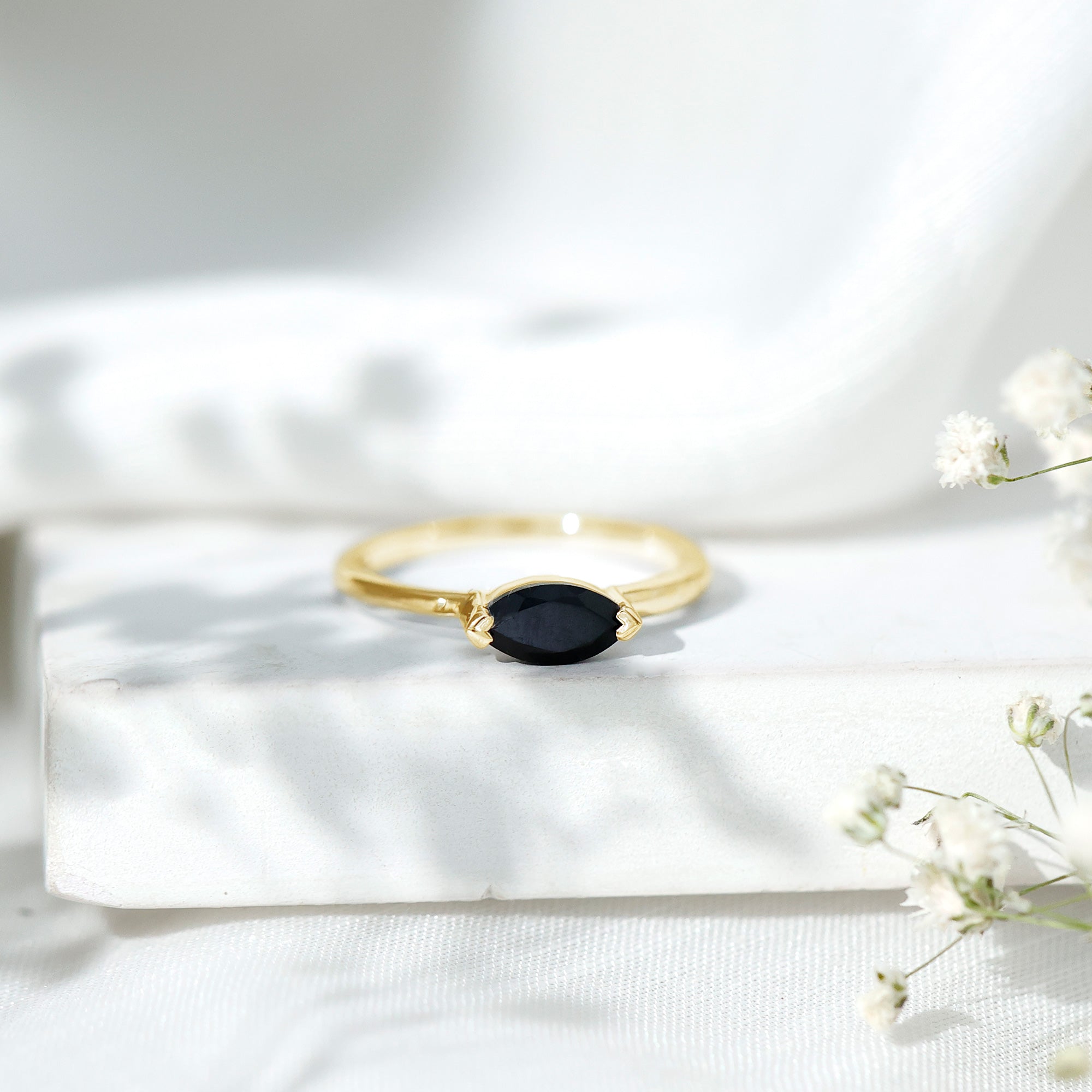 Marquise Cut Solitaire Black Onyx East West Promise Ring