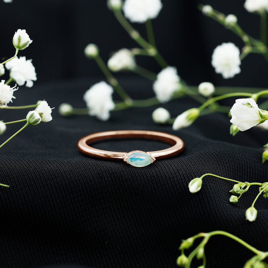 Natural Marquise Ethiopian Rainbow Opal Promise Ring in East West Style