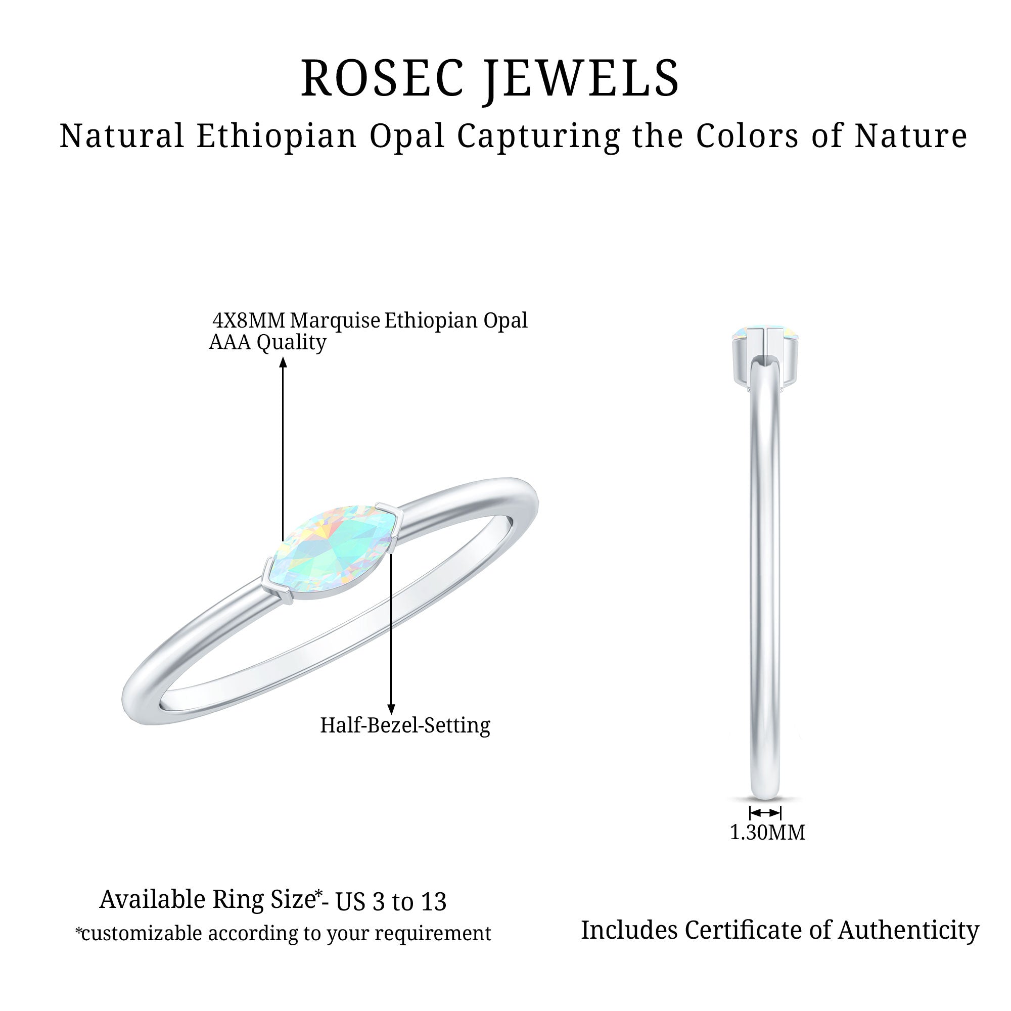 Natural Marquise Ethiopian Rainbow Opal Promise Ring in East West Style