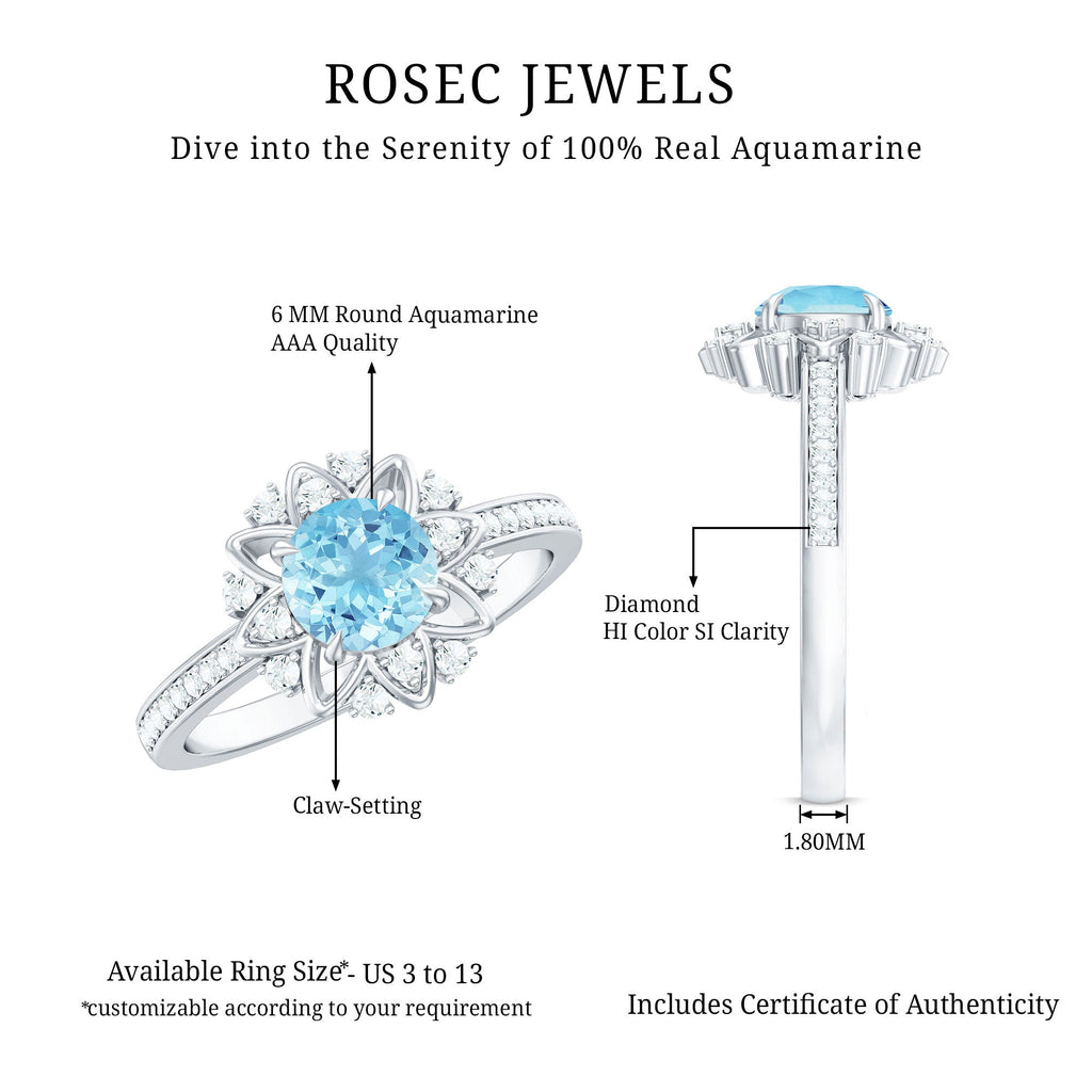 1.25 CT Aquamarine Floral Engagement Ring with Diamond Side Stones