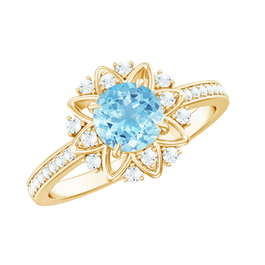1.25 CT Aquamarine Floral Engagement Ring with Diamond Side Stones