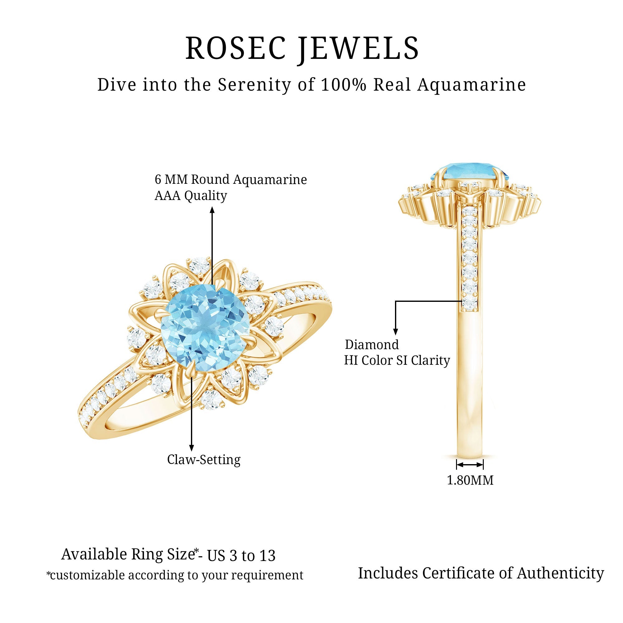 1.25 CT Aquamarine Floral Engagement Ring with Diamond Side Stones