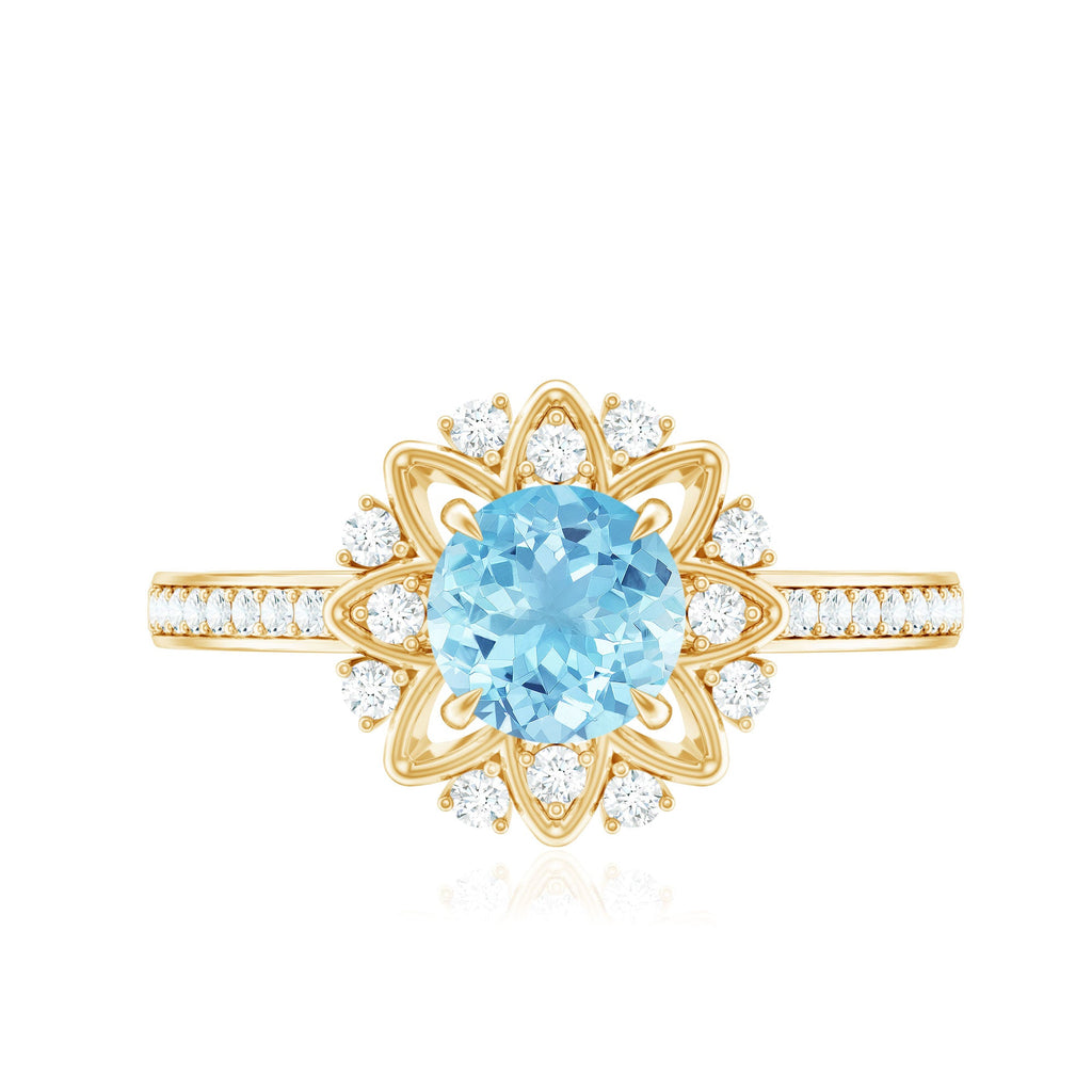 1.25 CT Aquamarine Floral Engagement Ring with Diamond Side Stones