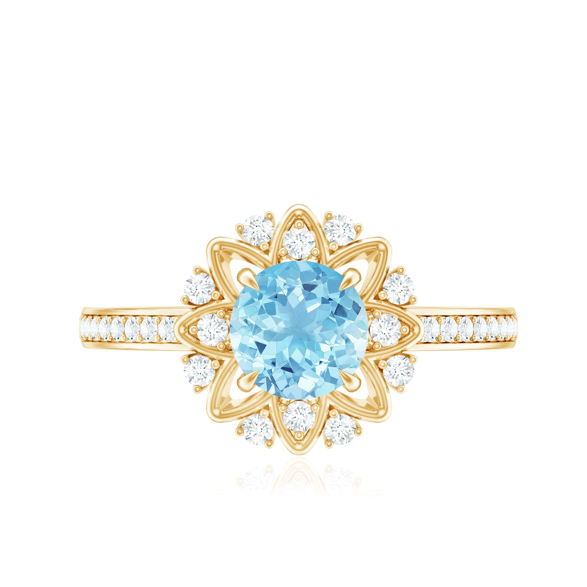 1.25 CT Aquamarine Floral Engagement Ring with Diamond Side Stones