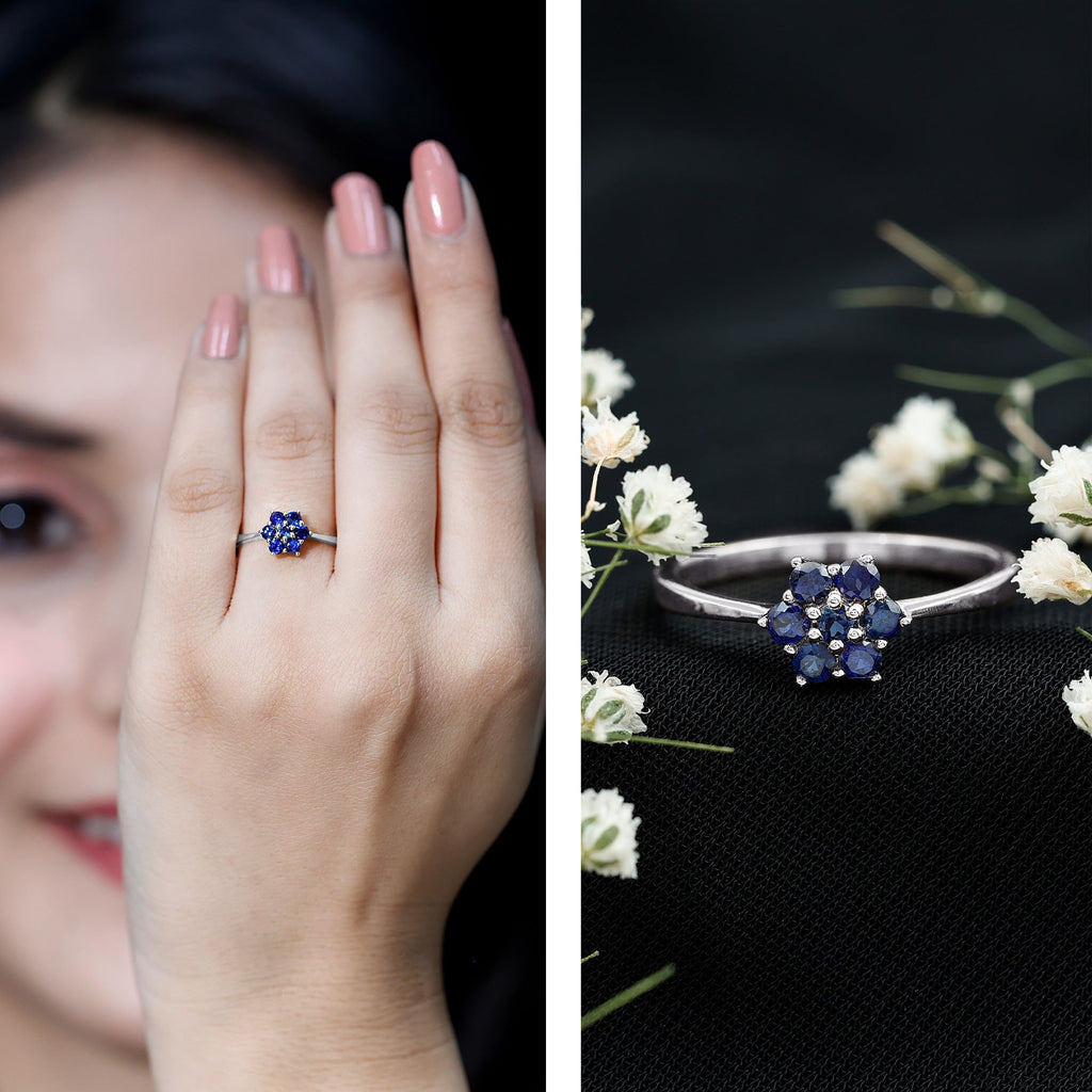1 CT Round Shape Blue Sapphire Cluster Flower Ring
