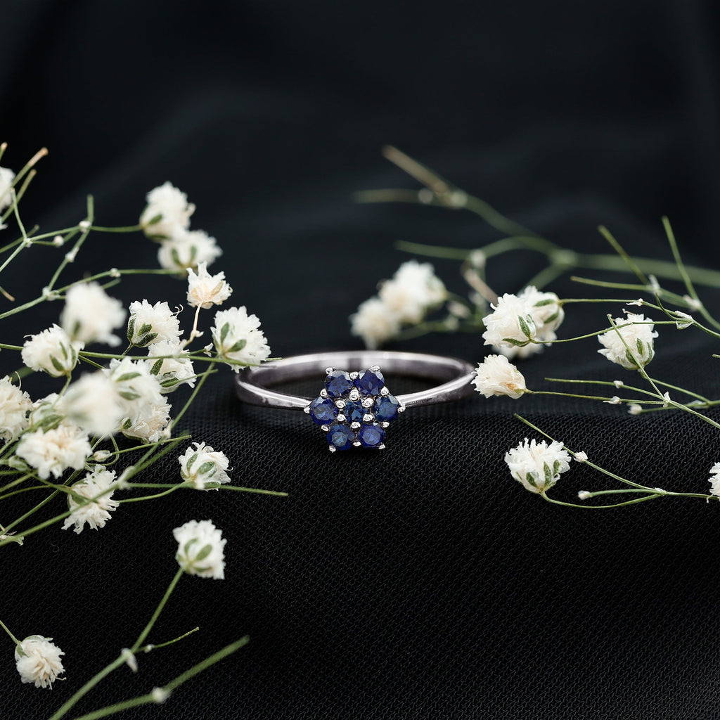 1 CT Round Shape Blue Sapphire Cluster Flower Ring