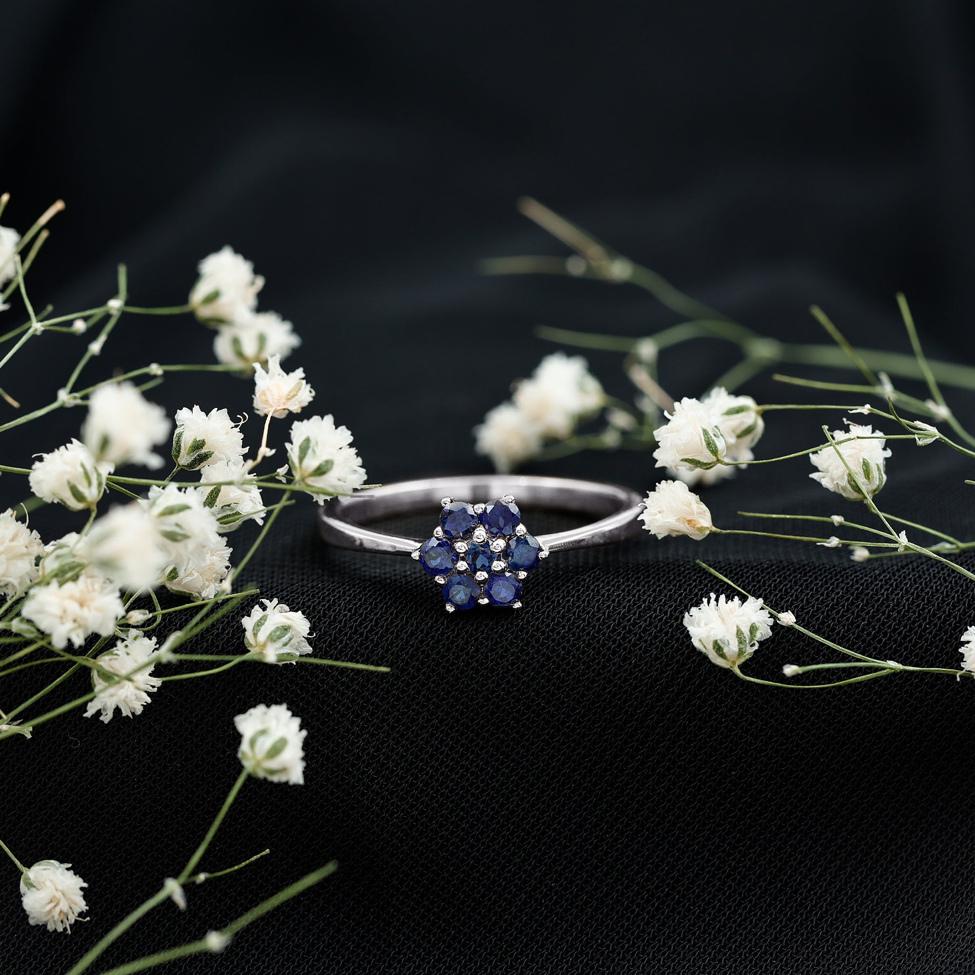 1 CT Round Shape Blue Sapphire Cluster Flower Ring