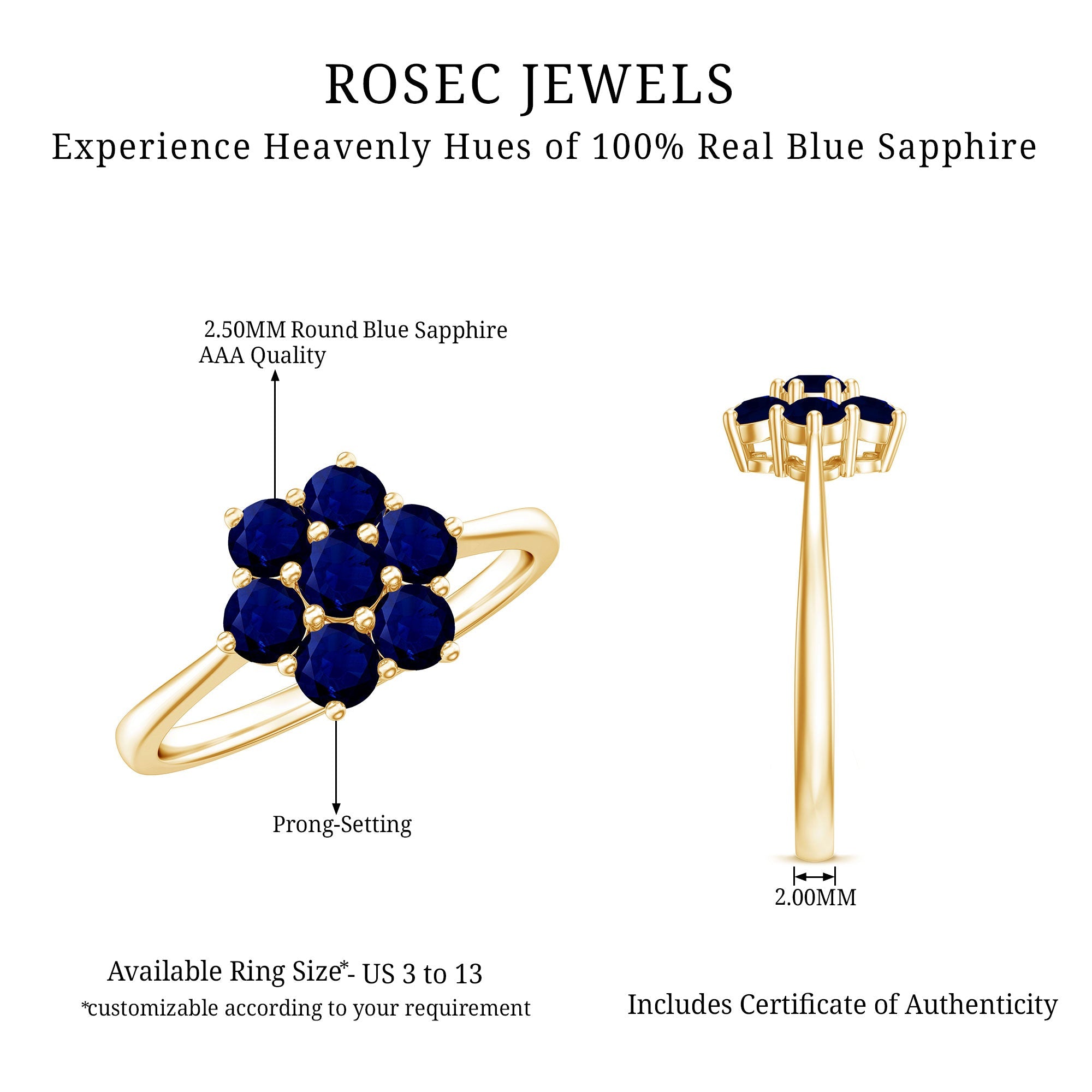 1 CT Round Shape Blue Sapphire Cluster Flower Ring