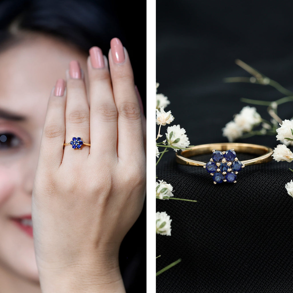 1 CT Round Shape Blue Sapphire Cluster Flower Ring