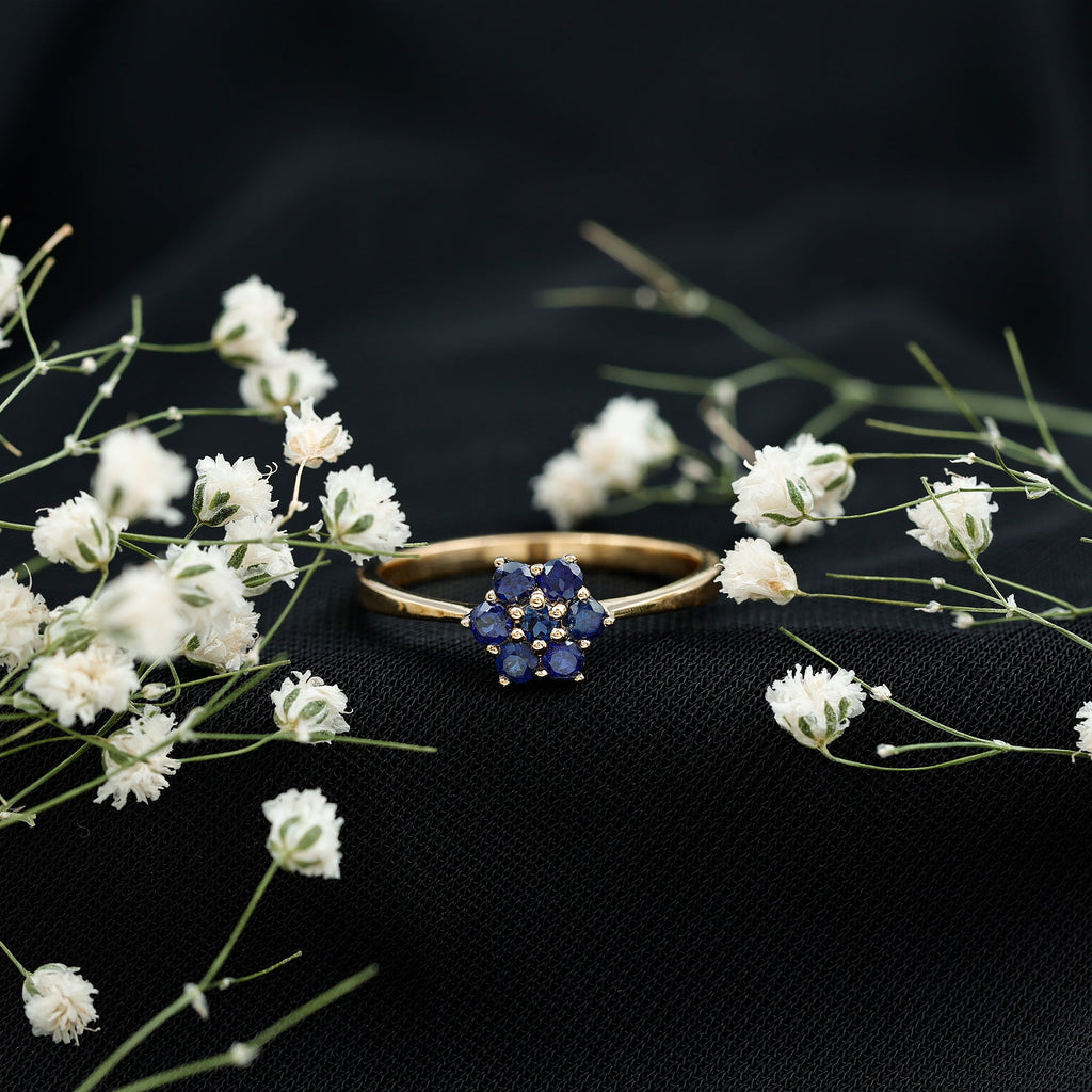 1 CT Round Shape Blue Sapphire Cluster Flower Ring