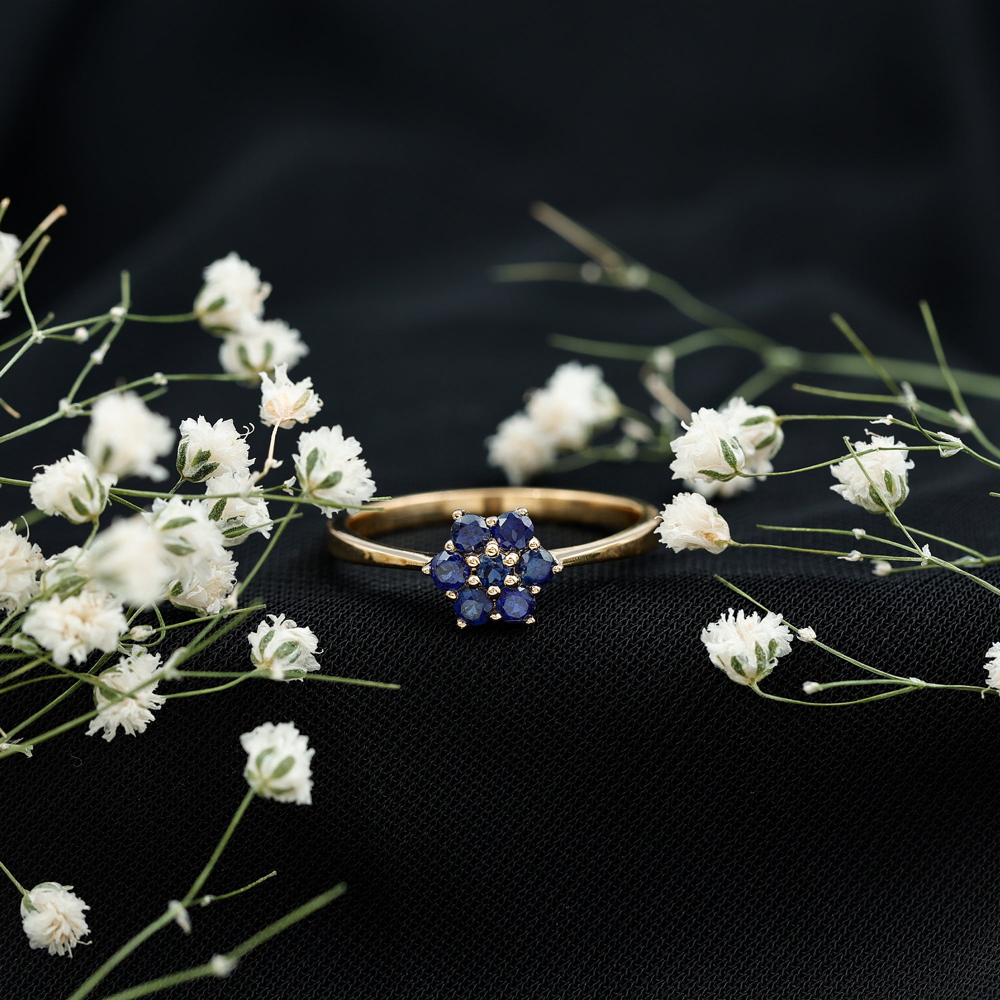1 CT Round Shape Blue Sapphire Cluster Flower Ring