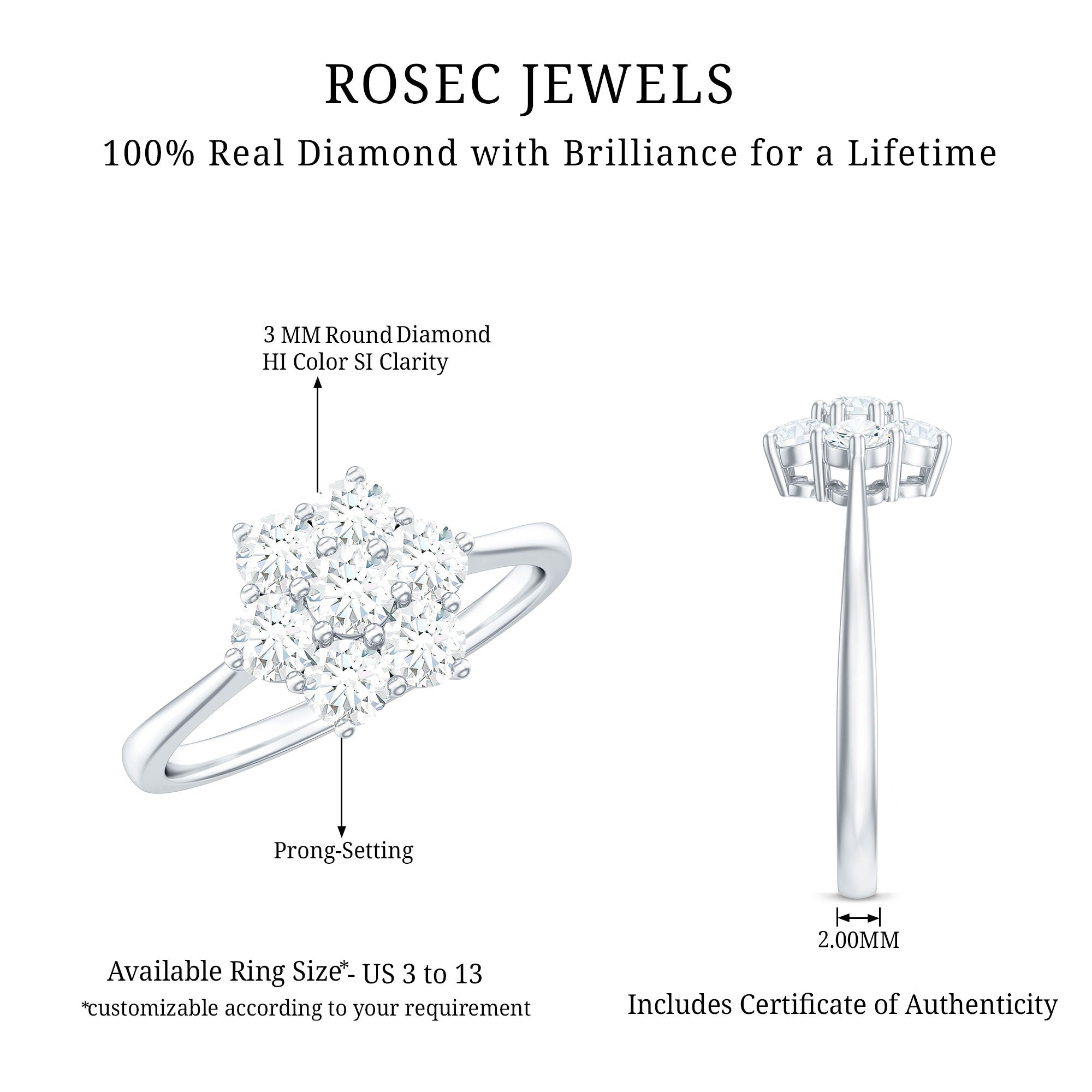Natural Diamond Flower Cluster Engagement Ring for Women