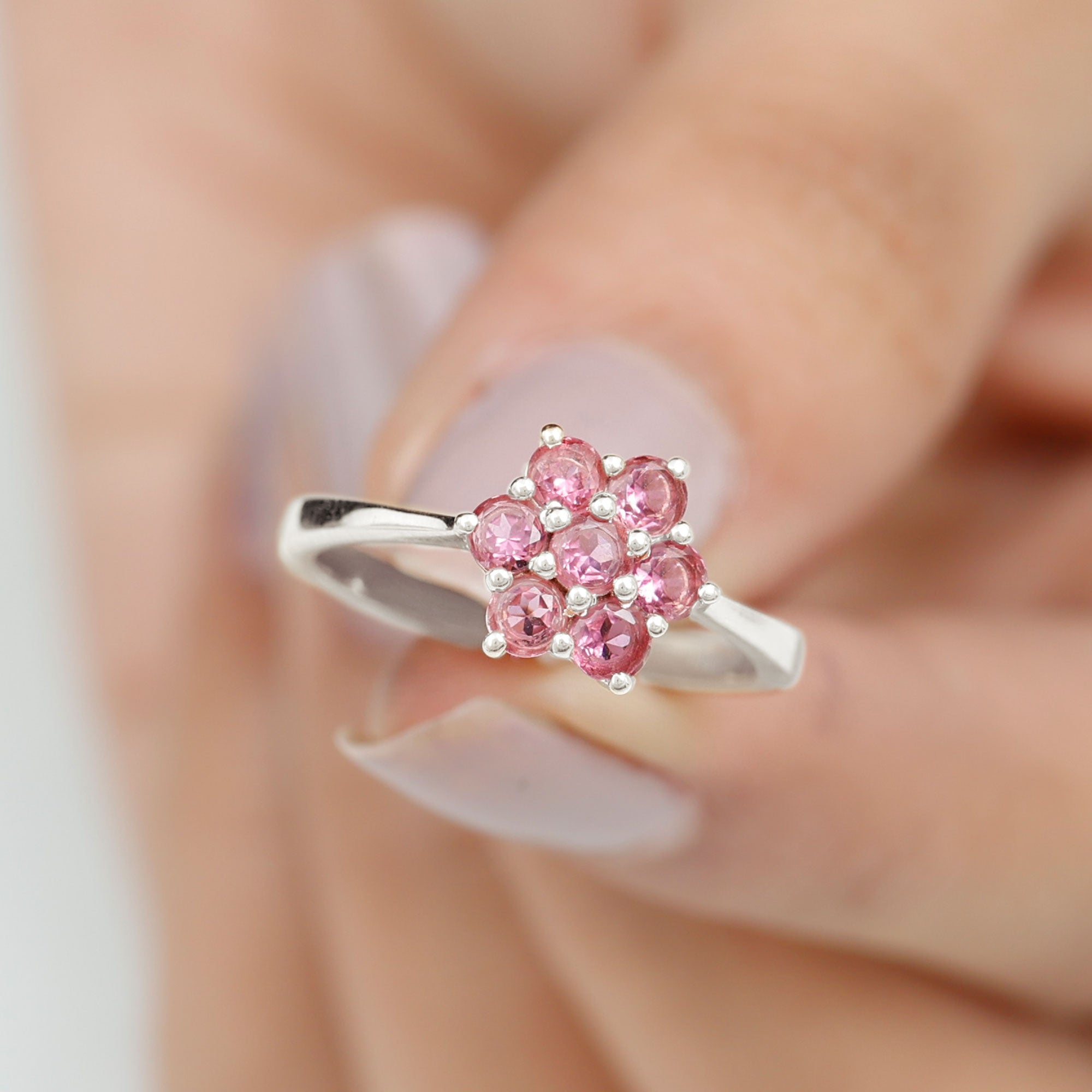 Round Shape Pink Tourmaline Flower Engagement Ring