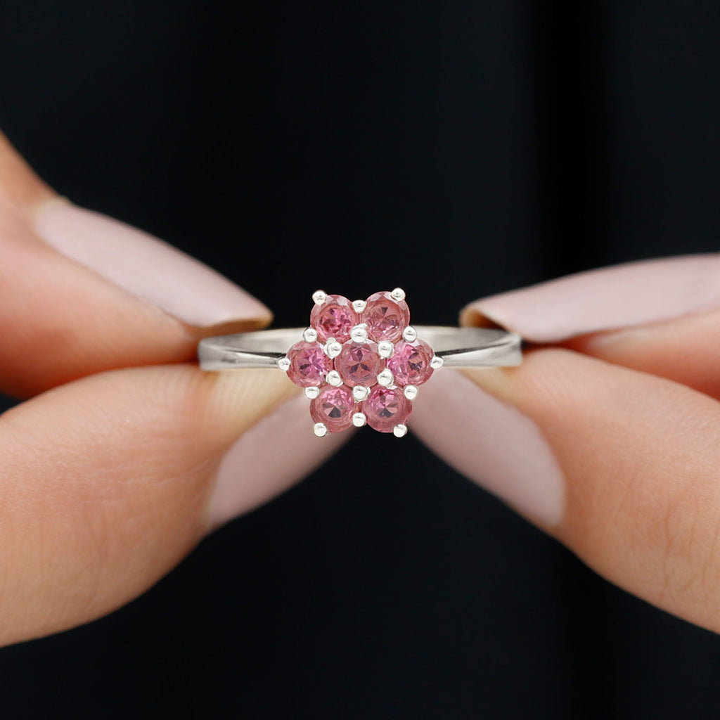 Round Shape Pink Tourmaline Flower Engagement Ring