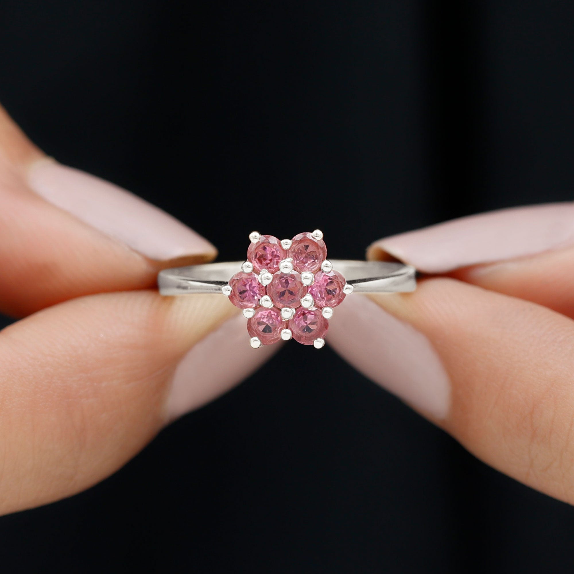 Round Shape Pink Tourmaline Flower Engagement Ring