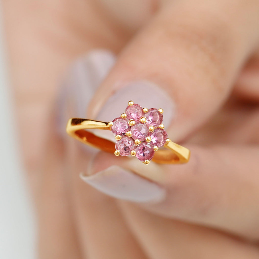 Round Shape Pink Tourmaline Flower Engagement Ring