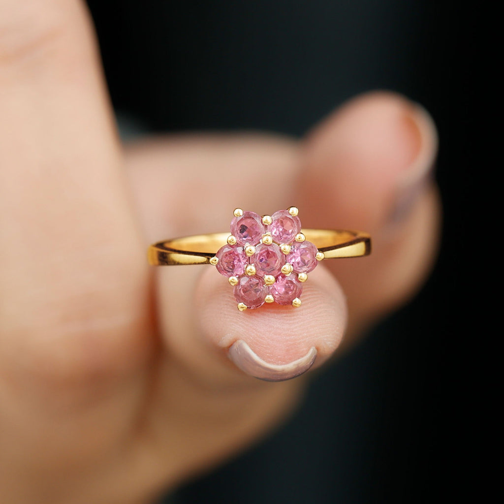 Round Shape Pink Tourmaline Flower Engagement Ring