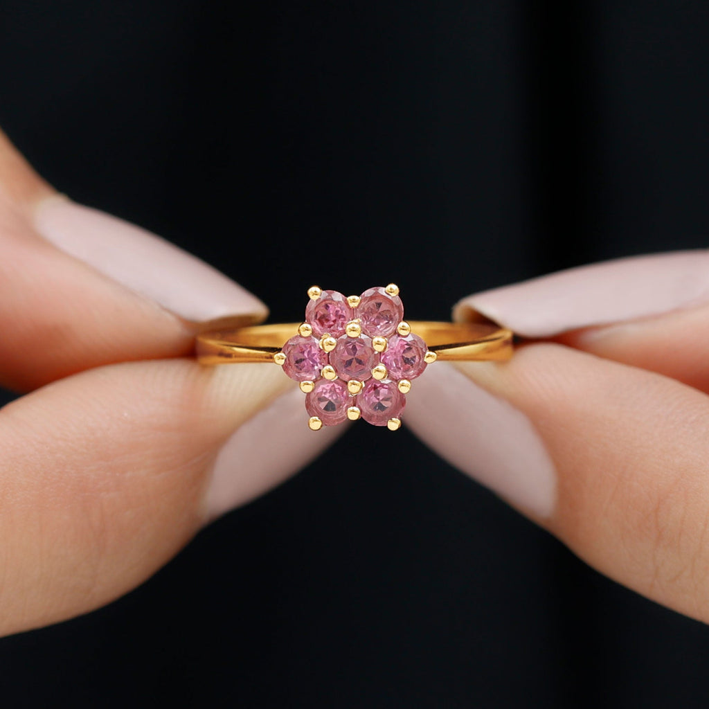 Round Shape Pink Tourmaline Flower Engagement Ring