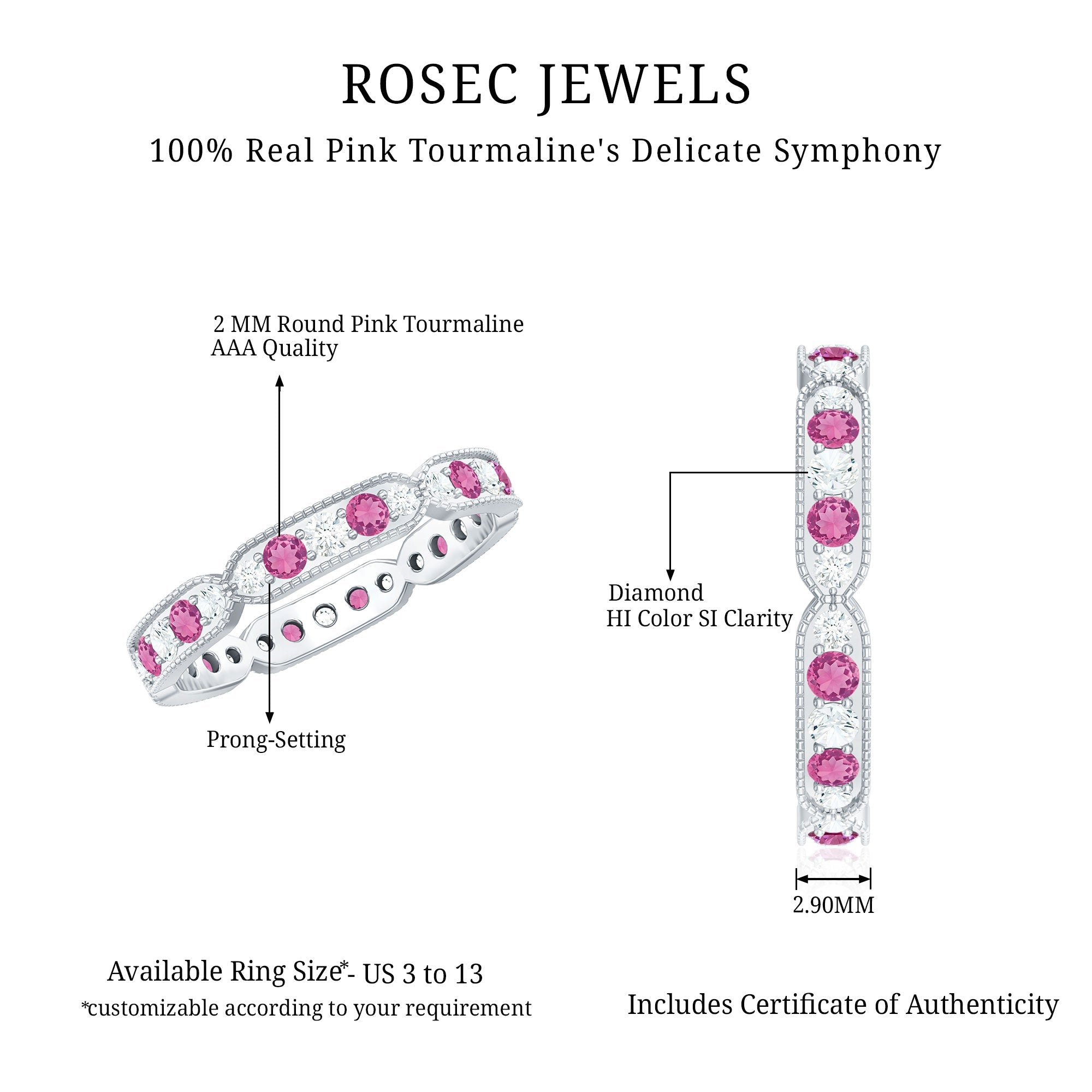 Real Pink Tourmaline and Diamond Eternity Band Ring