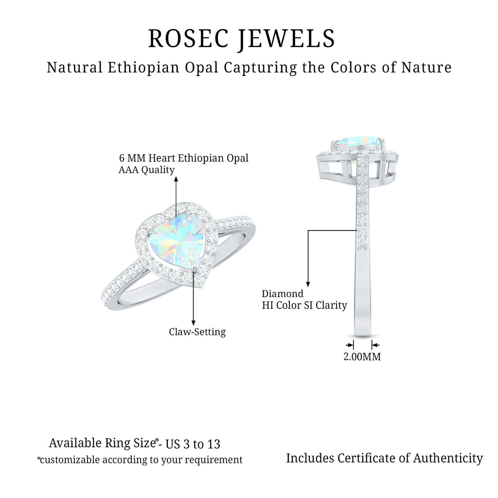 Natural Ethiopian Opal Heart Shaped Engagement Ring with Diamond Halo