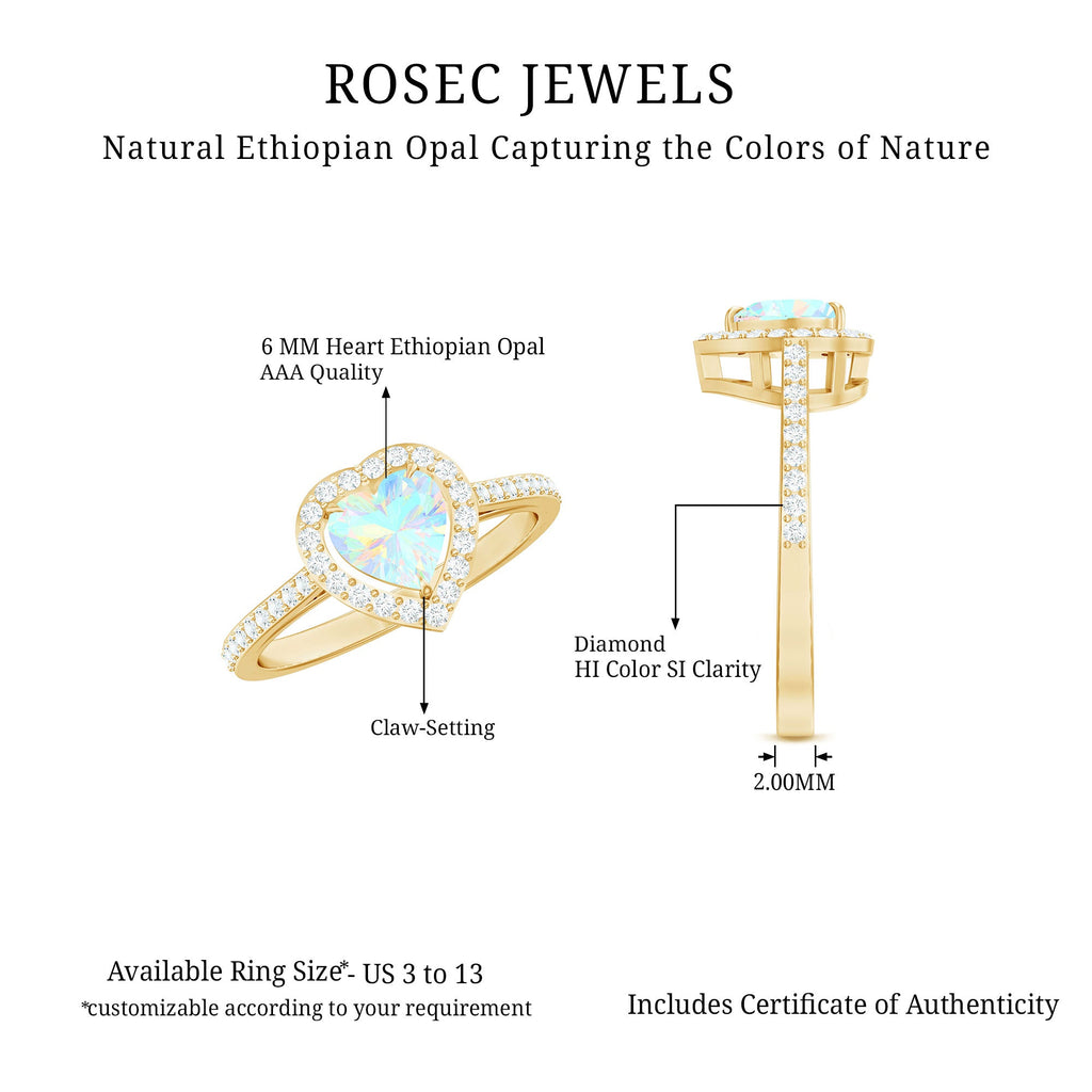 Natural Ethiopian Opal Heart Shaped Engagement Ring with Diamond Halo