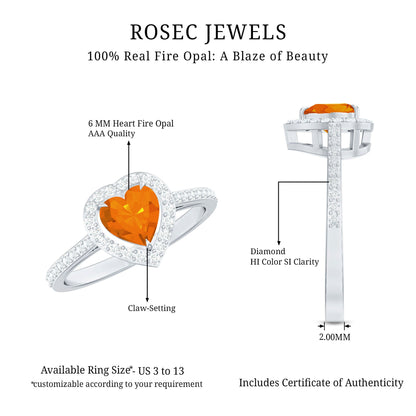 1 Carat Heart Shape Fire Opal Engagement Ring with Diamond Halo