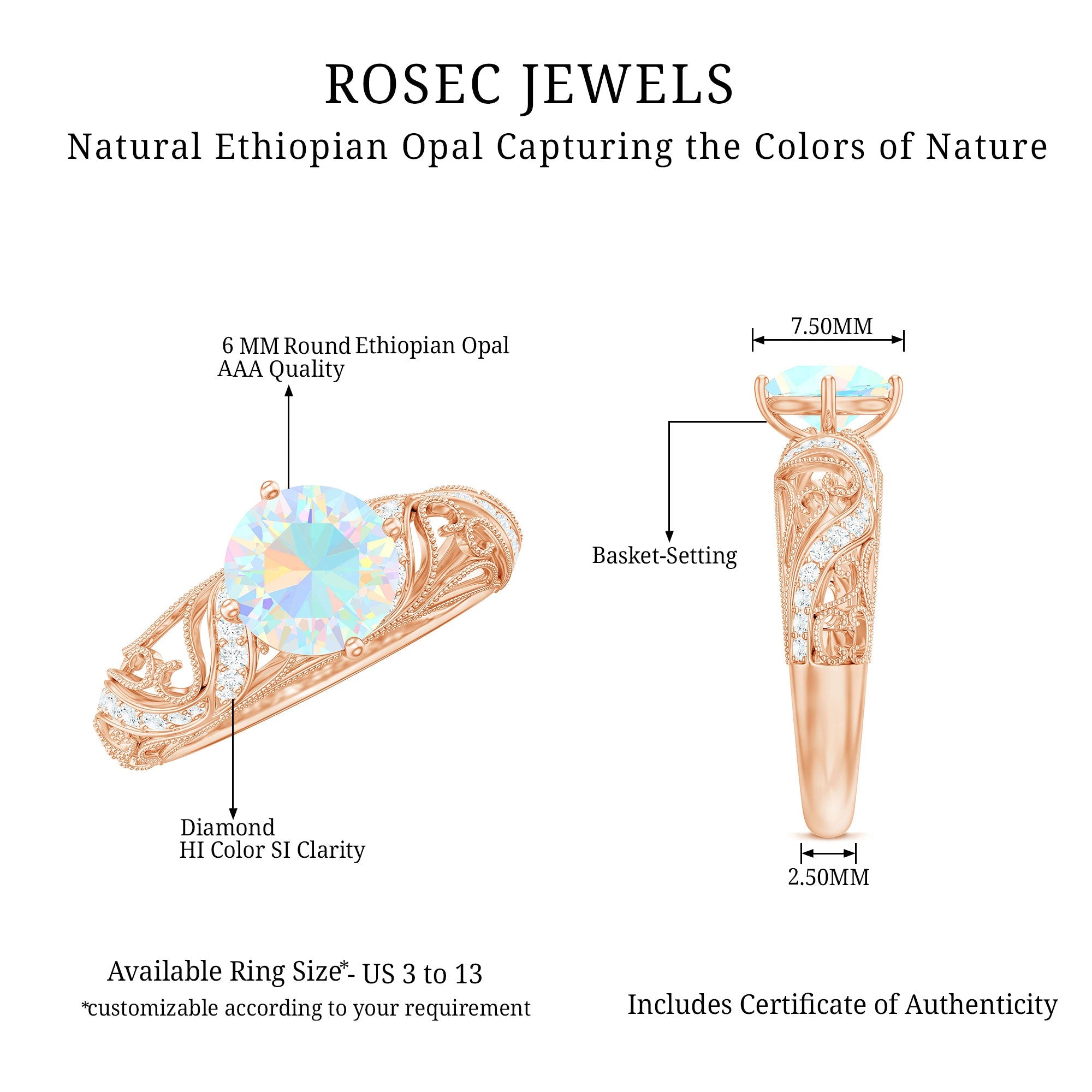 Genuine Ethiopian Rainbow Opal Vintage Inspired Engagement Ring with Diamond