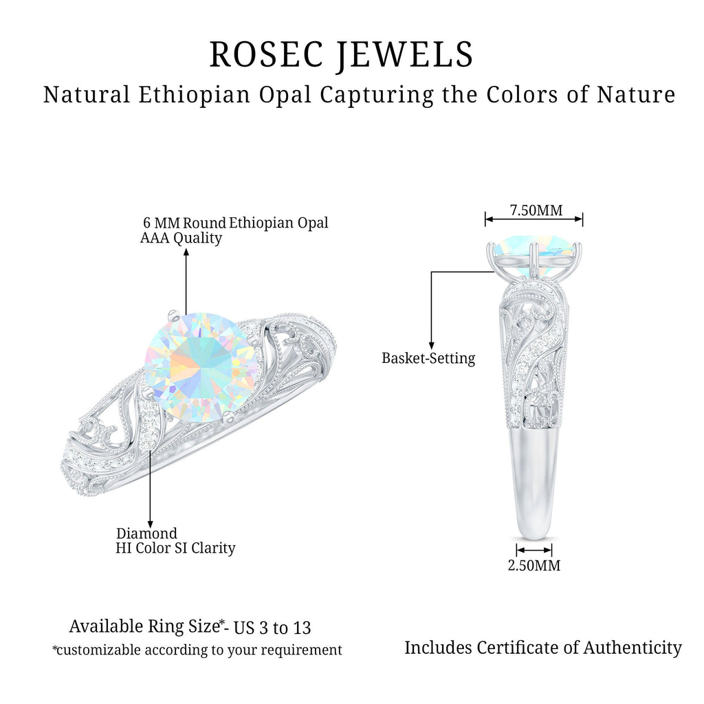 Genuine Ethiopian Rainbow Opal Vintage Inspired Engagement Ring with Diamond