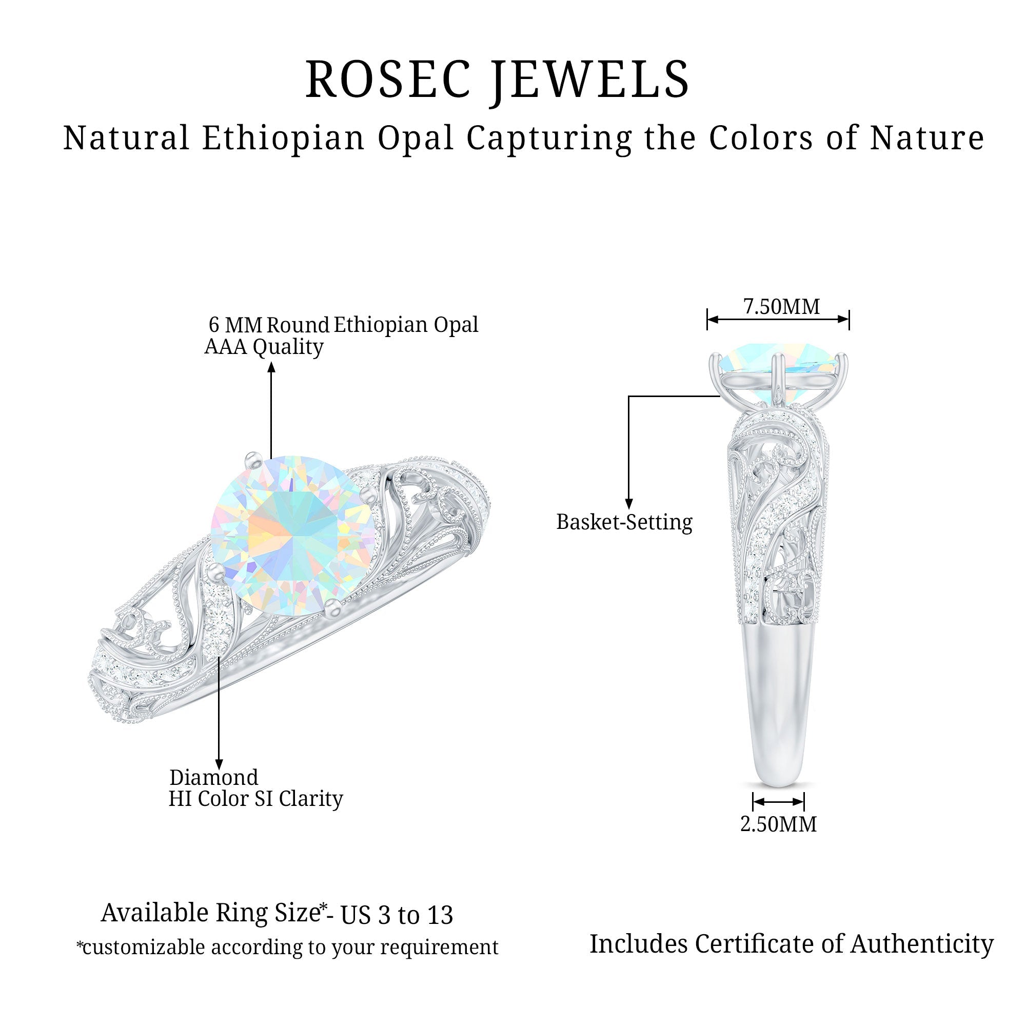 Genuine Ethiopian Rainbow Opal Vintage Inspired Engagement Ring with Diamond