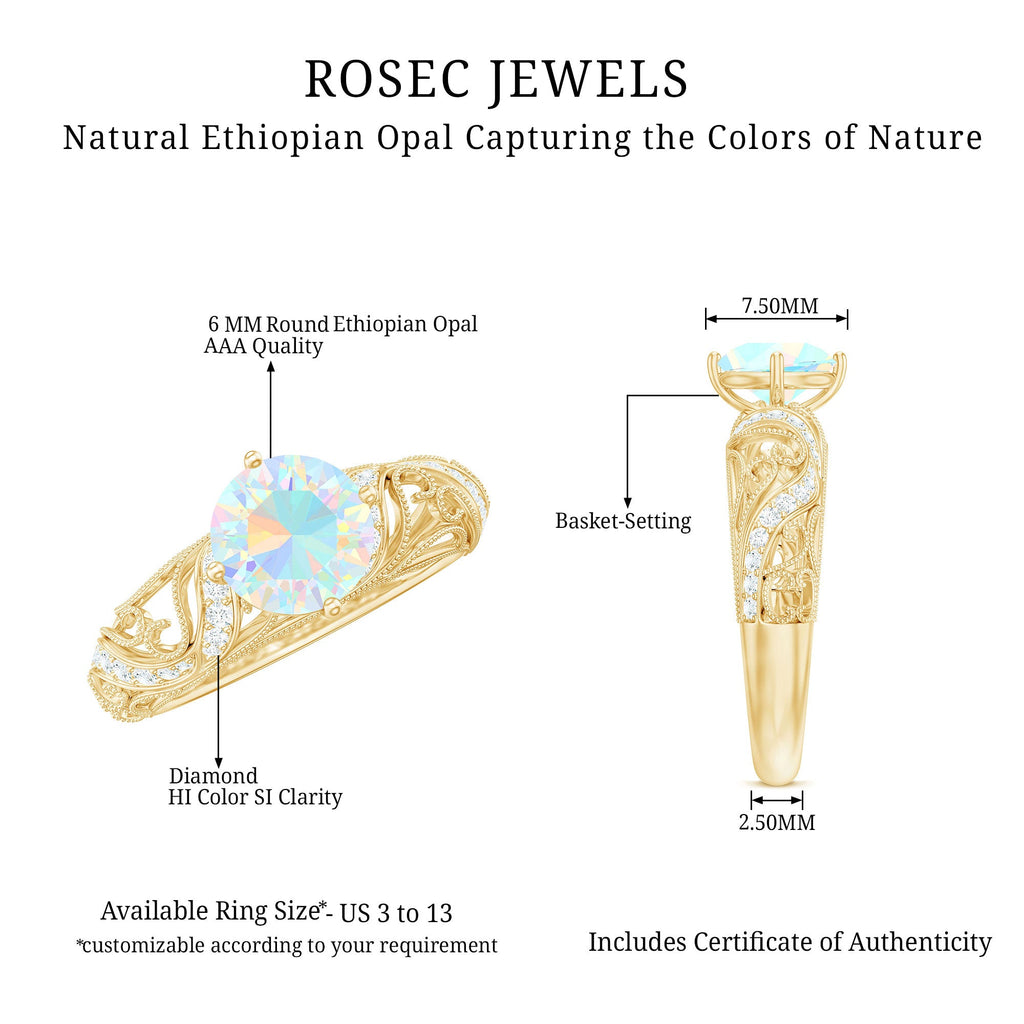 Genuine Ethiopian Rainbow Opal Vintage Inspired Engagement Ring with Diamond
