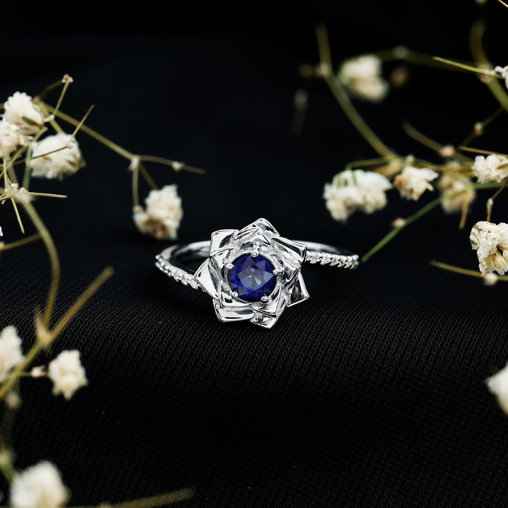 Real Blue Sapphire and Diamond Flower Ring with Bypass Shank