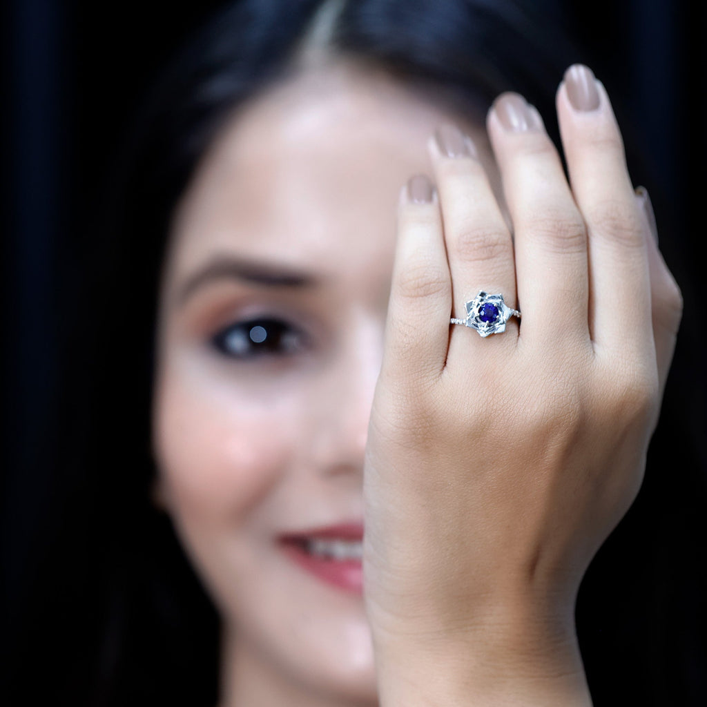 Real Blue Sapphire and Diamond Flower Ring with Bypass Shank