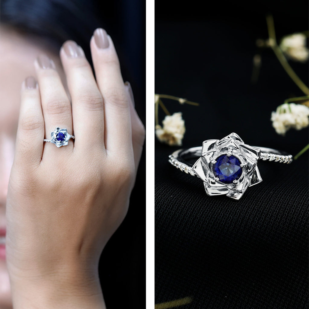 Real Blue Sapphire and Diamond Flower Ring with Bypass Shank