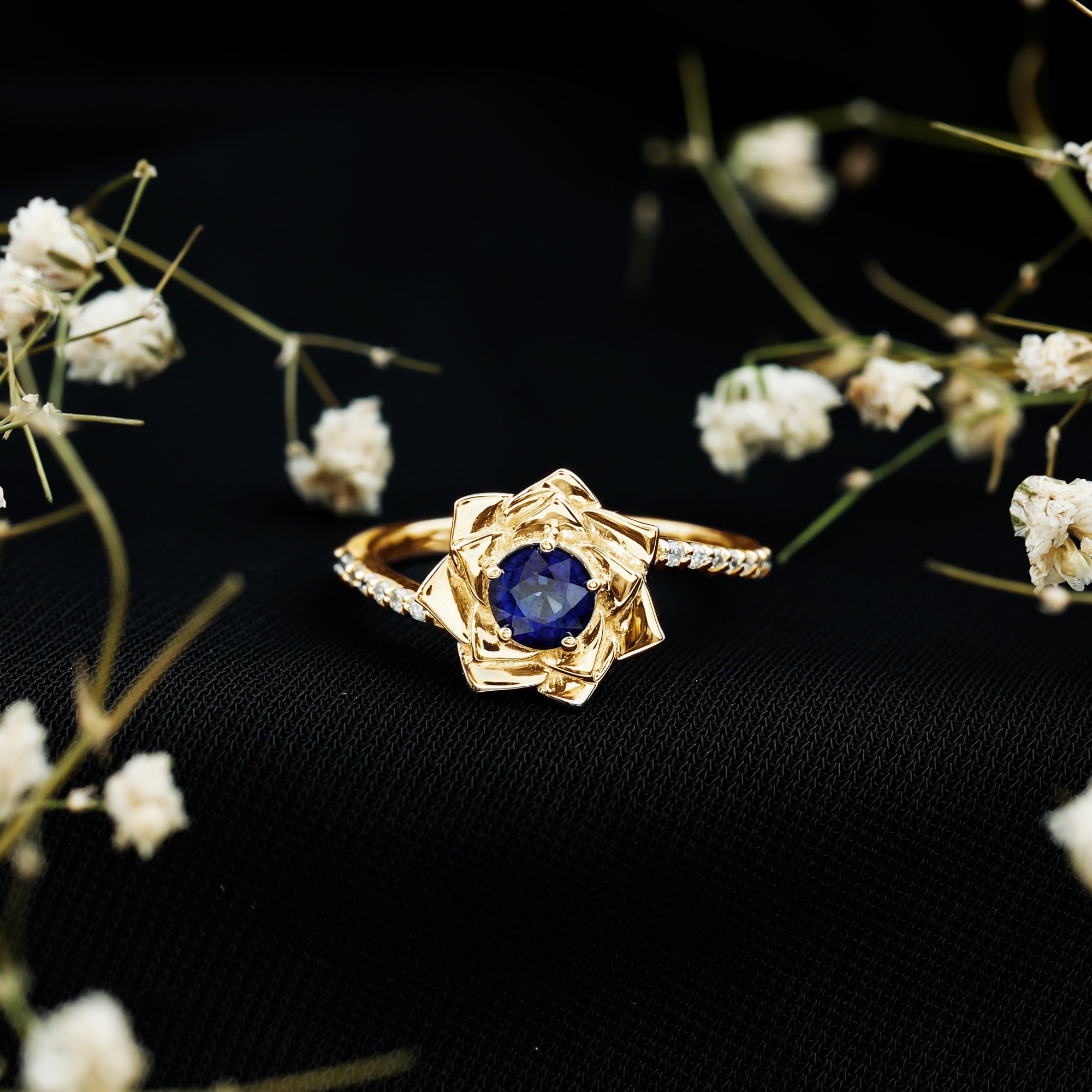 Real Blue Sapphire and Diamond Flower Ring with Bypass Shank