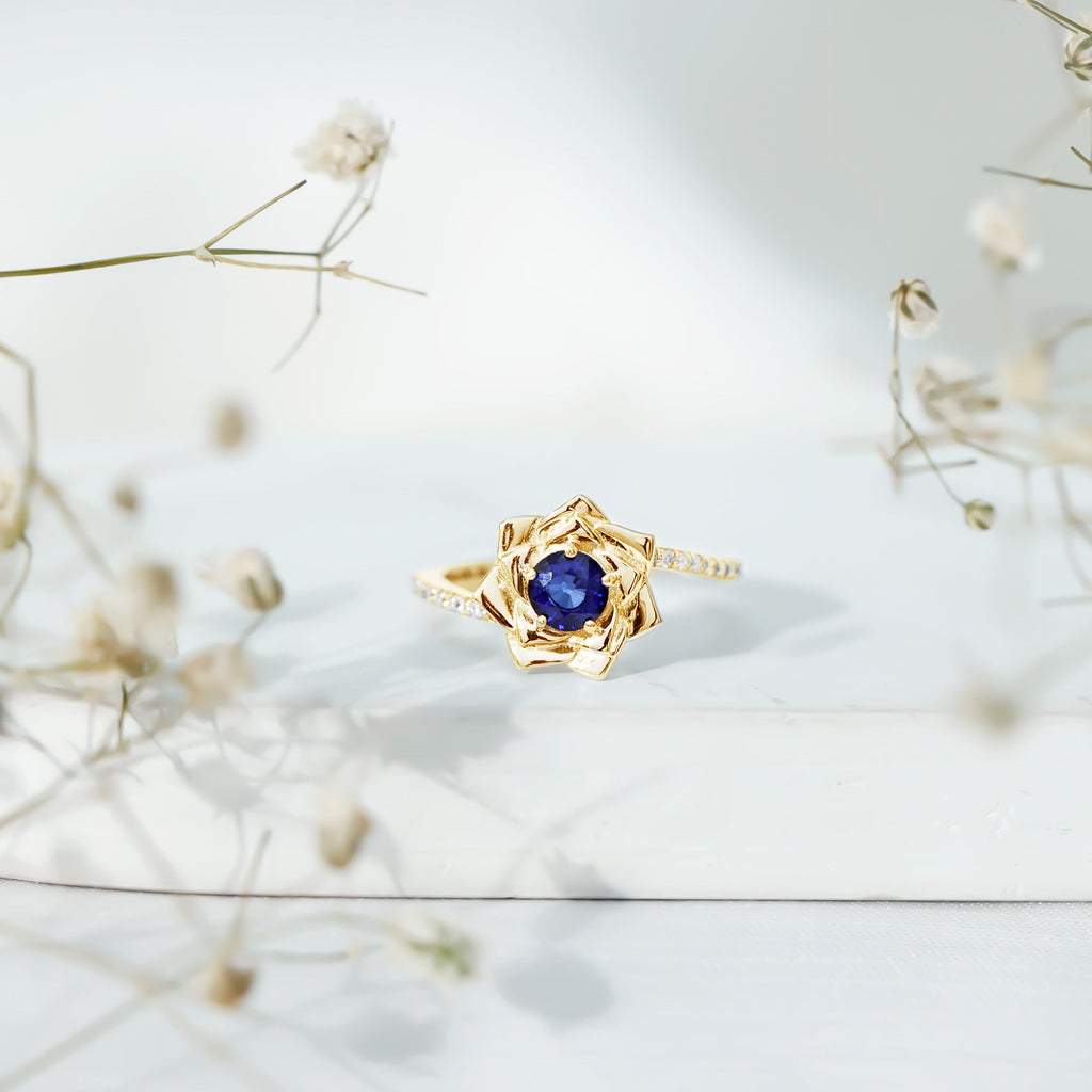 Real Blue Sapphire and Diamond Flower Ring with Bypass Shank
