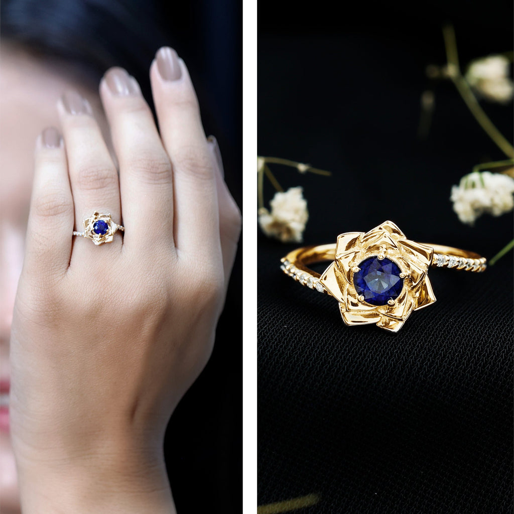 Real Blue Sapphire and Diamond Flower Ring with Bypass Shank