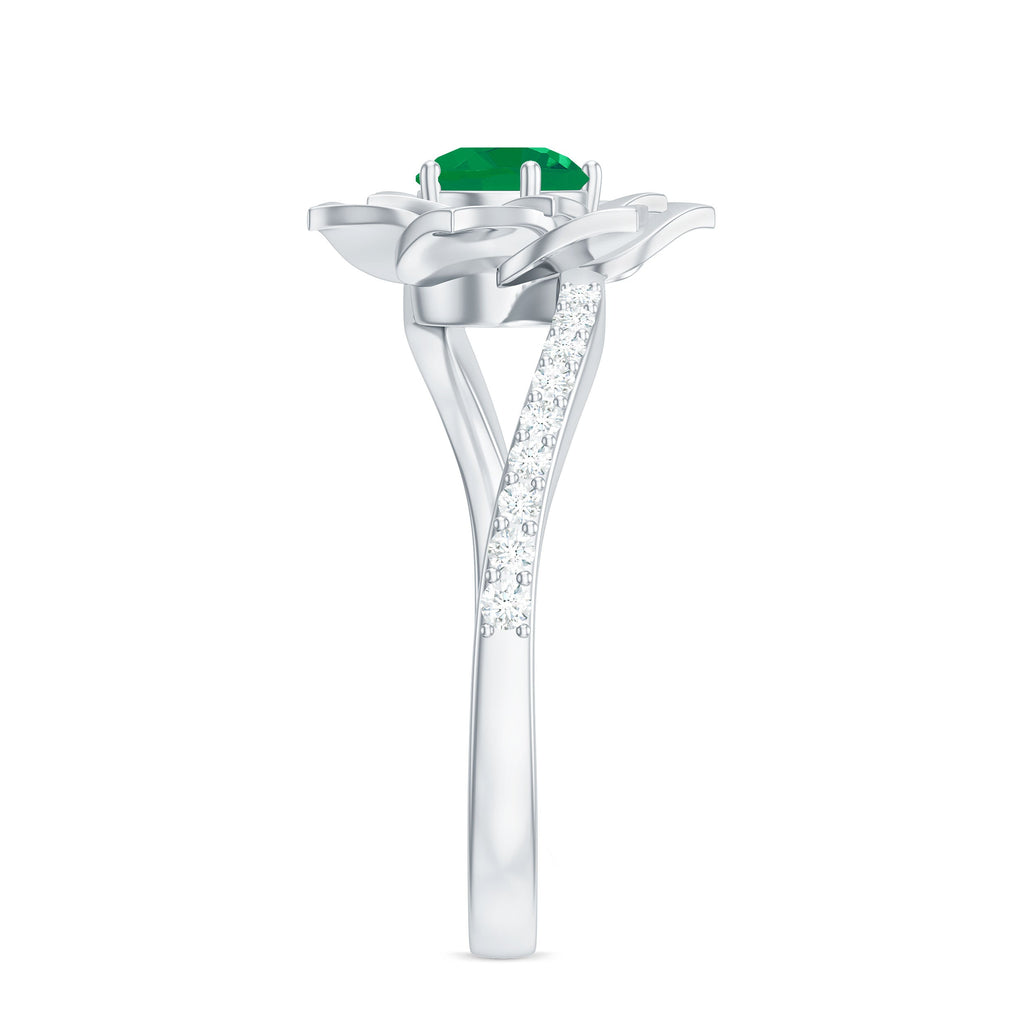 Certified Real Emerald Flower Engagement Ring with Diamond Bypass Shank