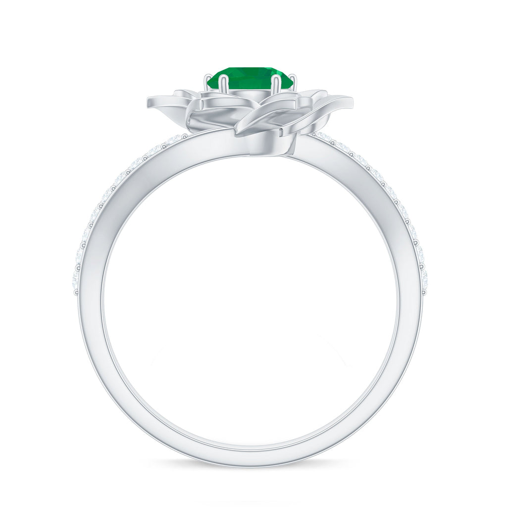 Certified Real Emerald Flower Engagement Ring with Diamond Bypass Shank