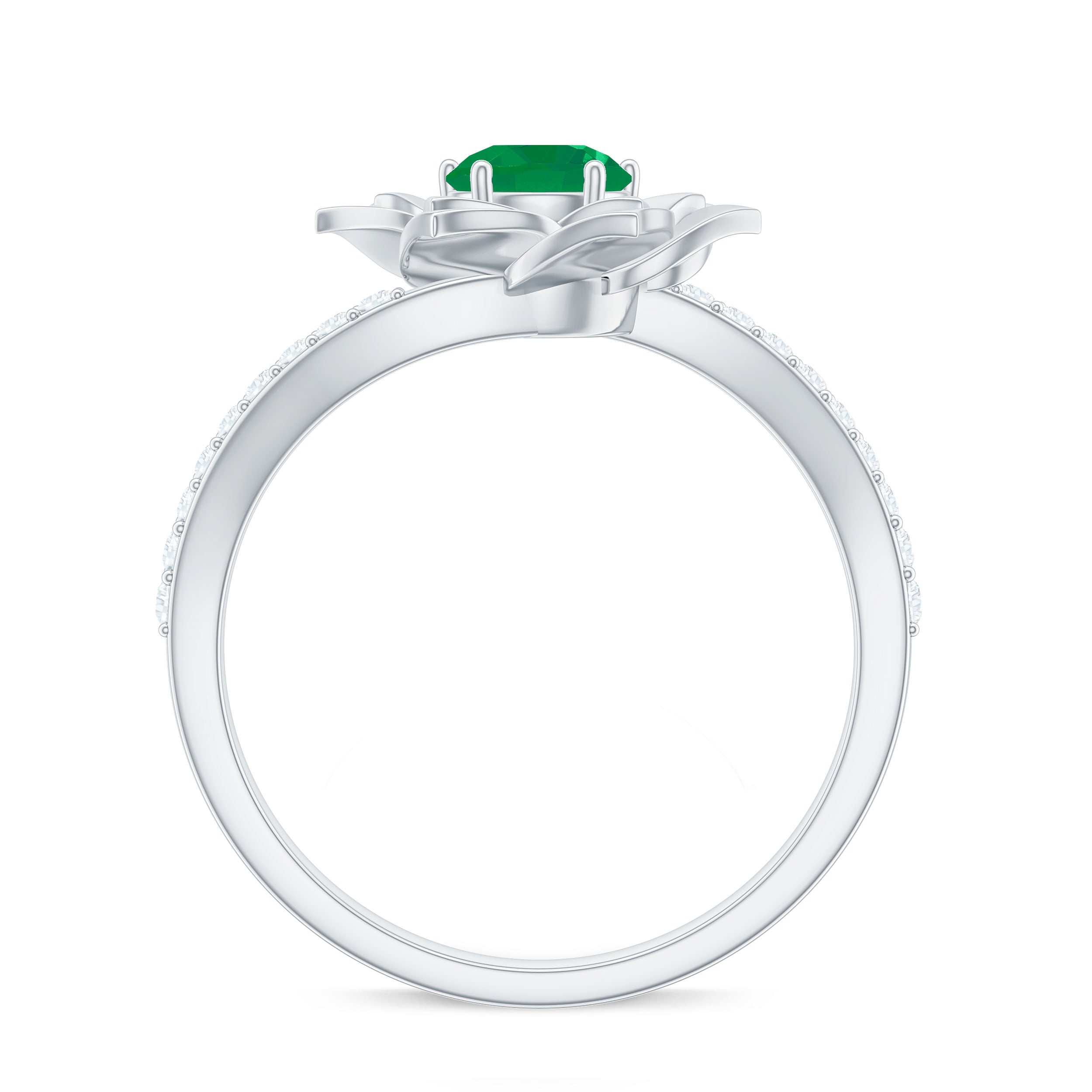 Certified Real Emerald Flower Engagement Ring with Diamond Bypass Shank