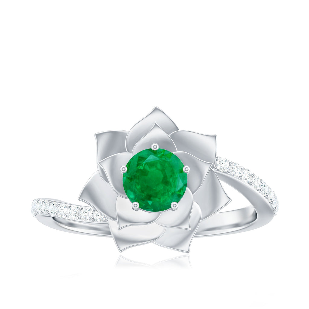 Certified Real Emerald Flower Engagement Ring with Diamond Bypass Shank