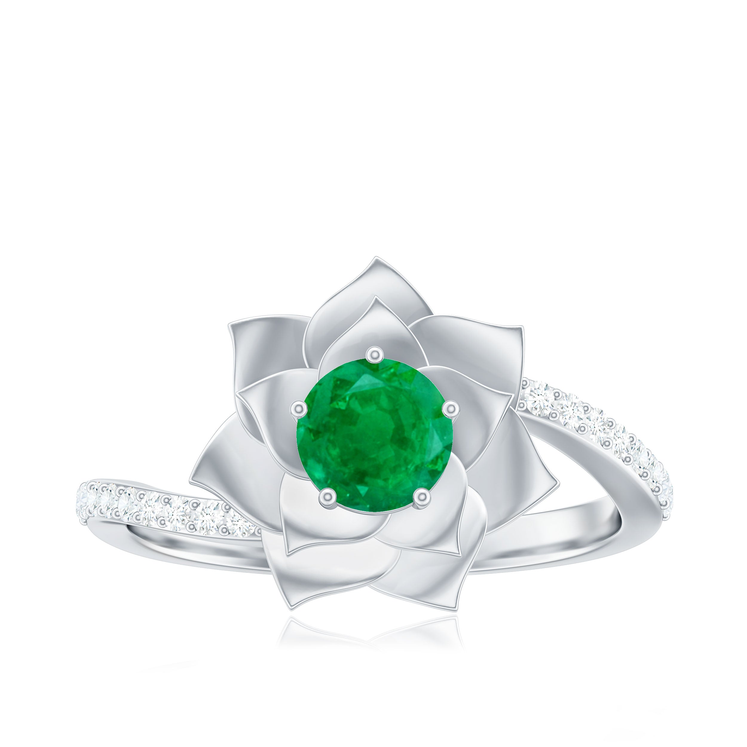 Certified Real Emerald Flower Engagement Ring with Diamond Bypass Shank