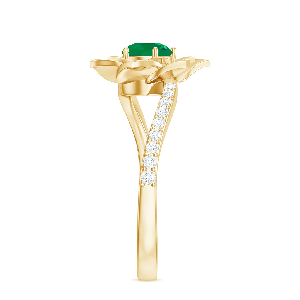 Certified Real Emerald Flower Engagement Ring with Diamond Bypass Shank