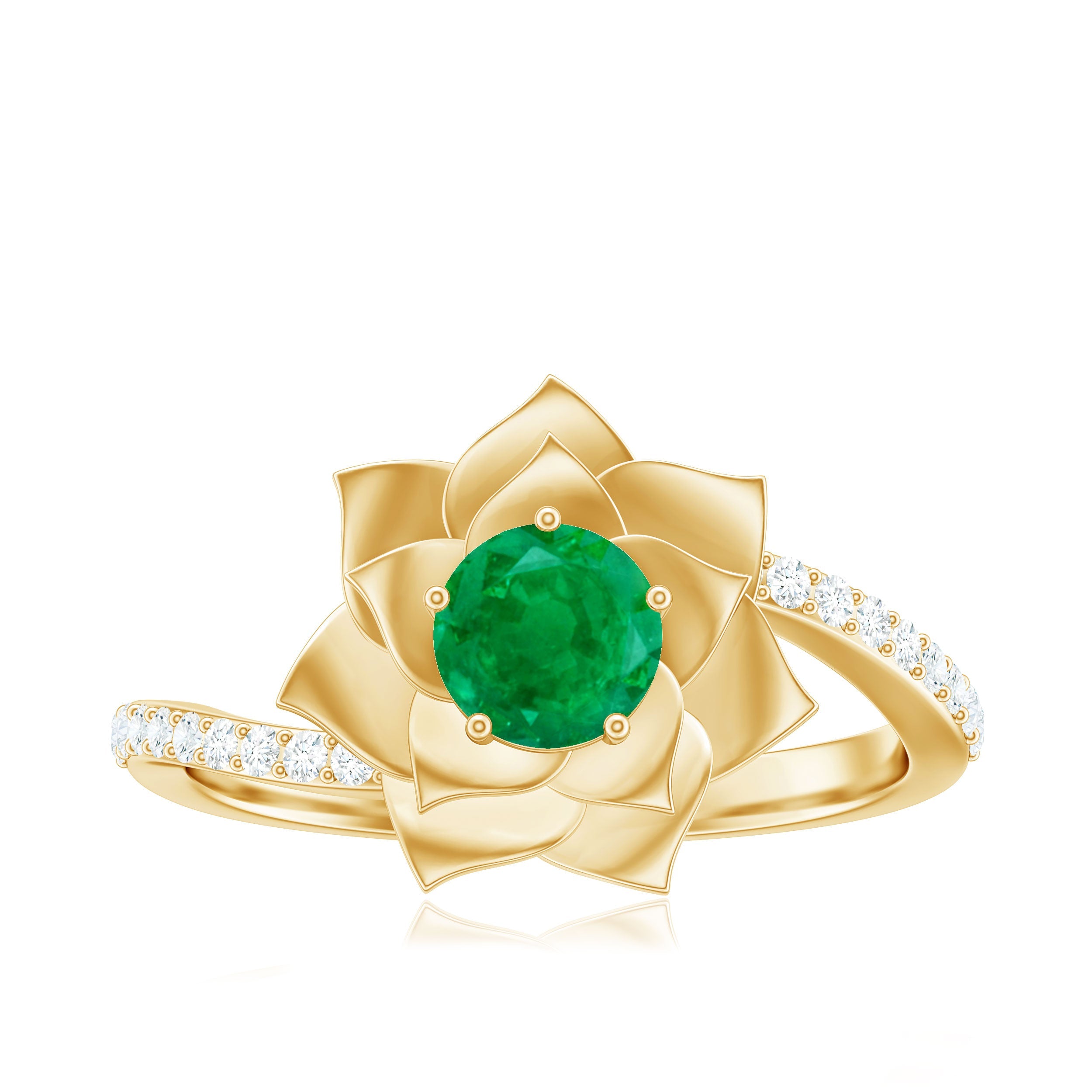 Certified Real Emerald Flower Engagement Ring with Diamond Bypass Shank