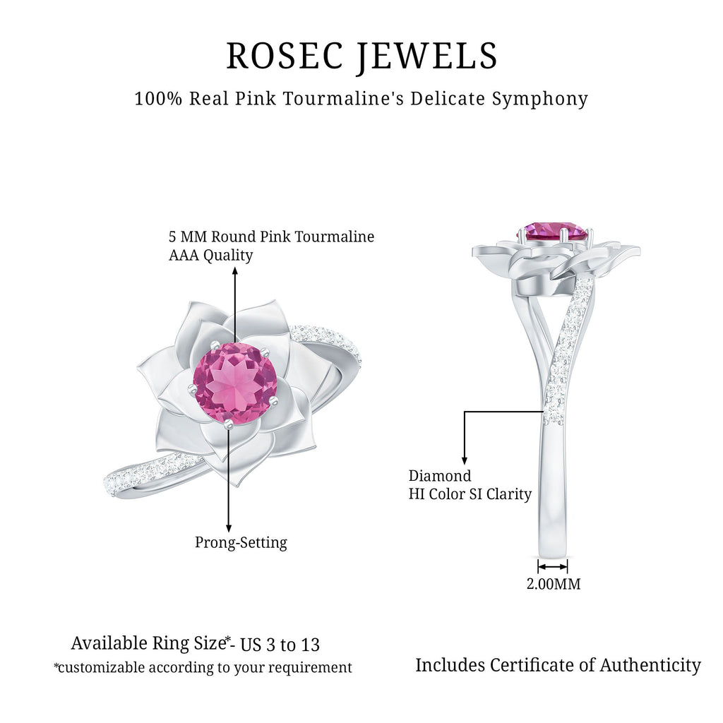 Pink Tourmaline and Diamond Flower Engagement Ring with Bypass Shank