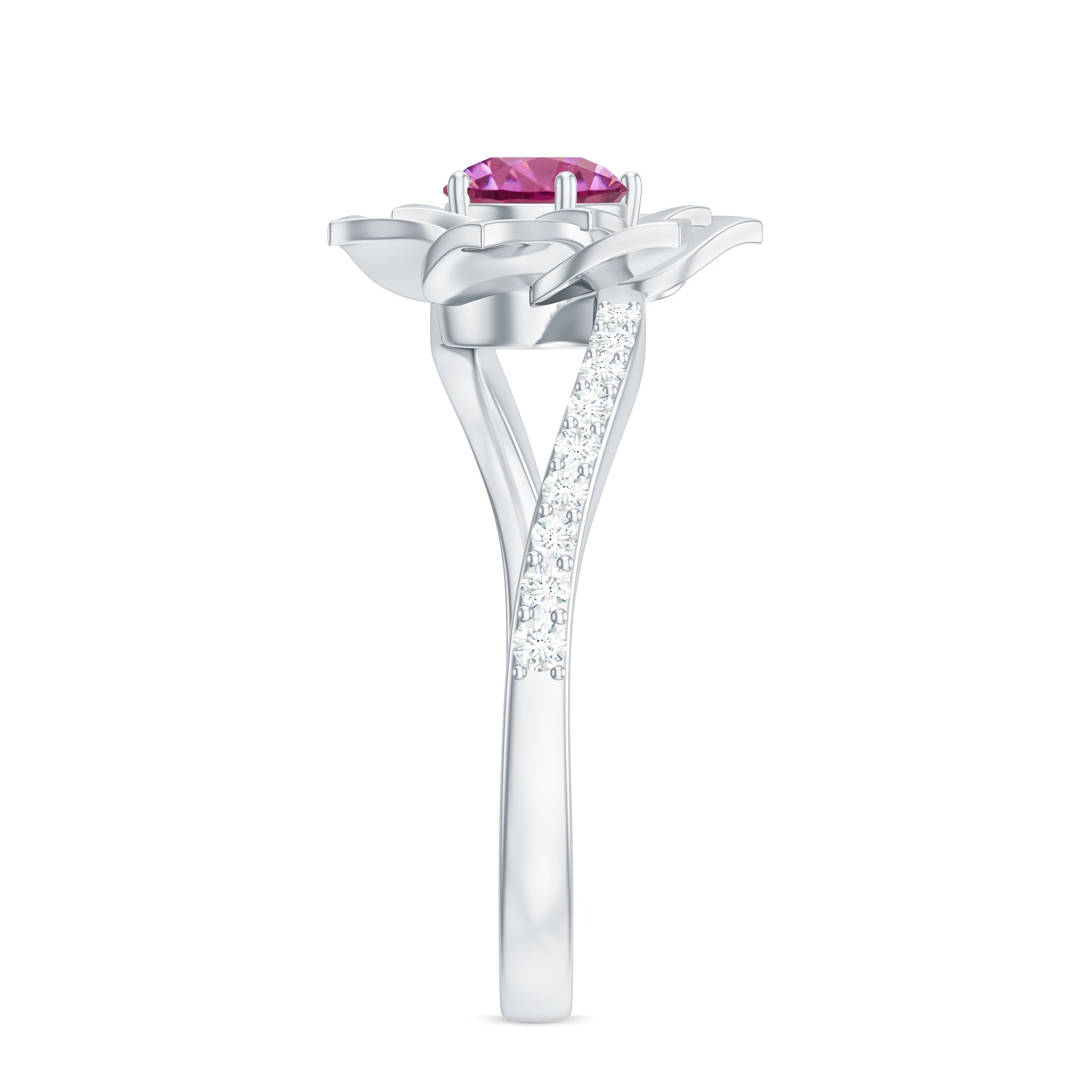 Pink Tourmaline and Diamond Flower Engagement Ring with Bypass Shank