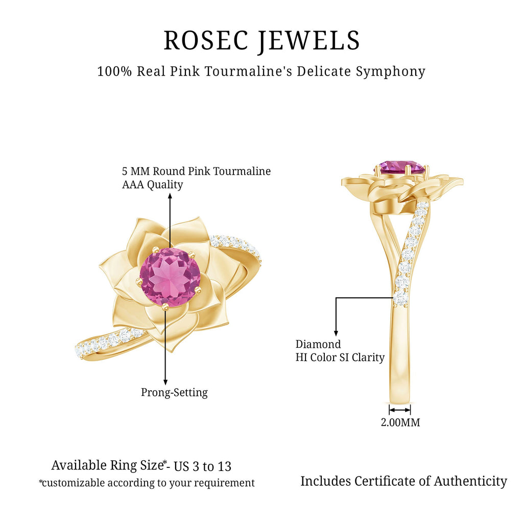 Pink Tourmaline and Diamond Flower Engagement Ring with Bypass Shank