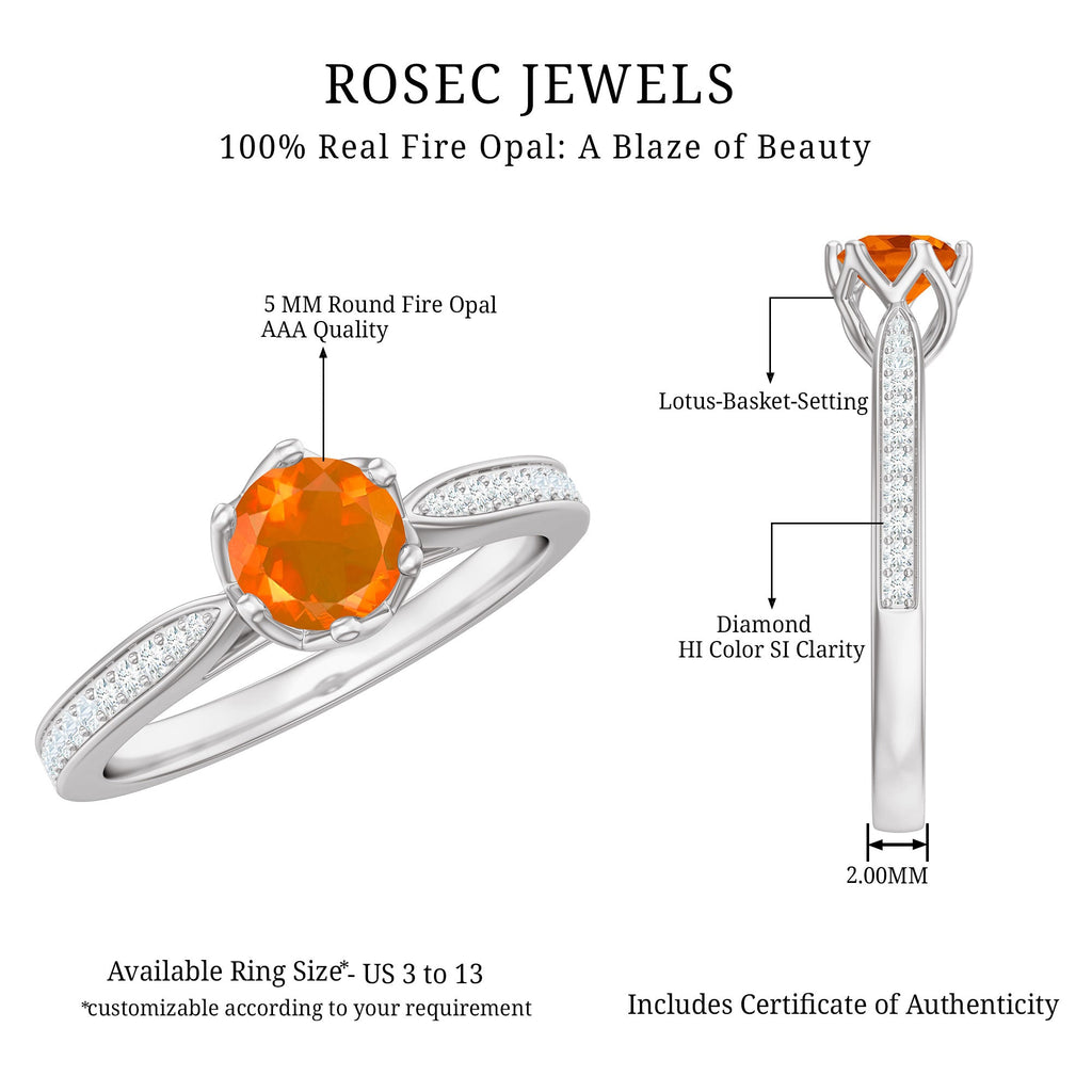 Genuine Fire Opal Solitaire Engagement Ring with Diamond