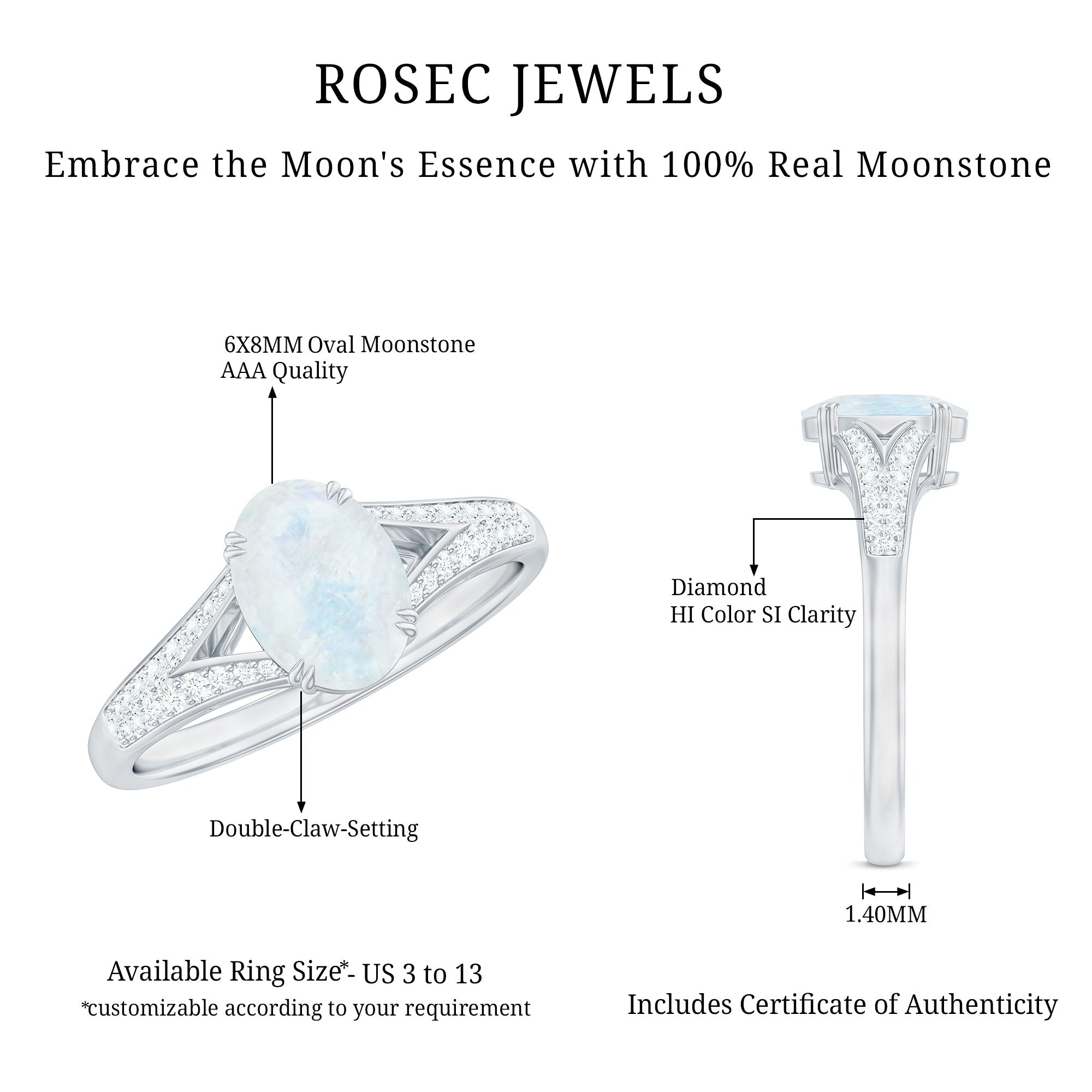 3/4 CT Oval Cut Moonstone Solitaire Engagement Ring with Diamond Accent